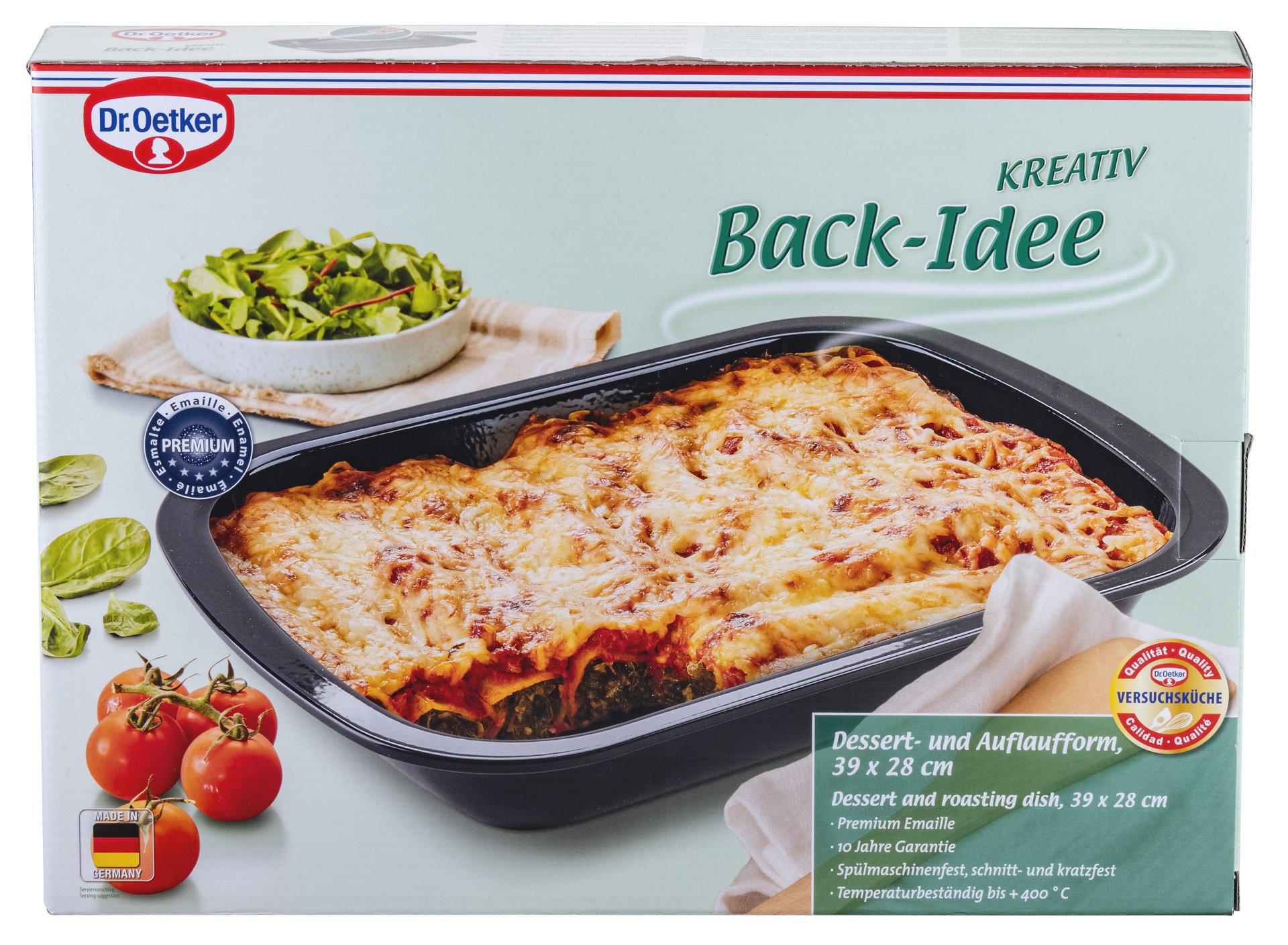 Box zeigt Auflauf mit Käse, Tomaten und Salat. Text sagt 'Back-Idee' und 'Dr. Oetker'.