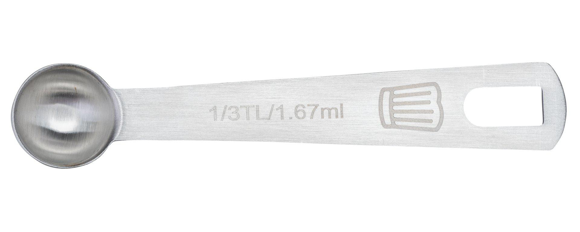 Ein Messlöffel aus Edelstahl, 1/3 TL/1,67 ml, auf weißem Hintergrund. Der Löffel hat eine runde Schüssel und einen flachen Griff.