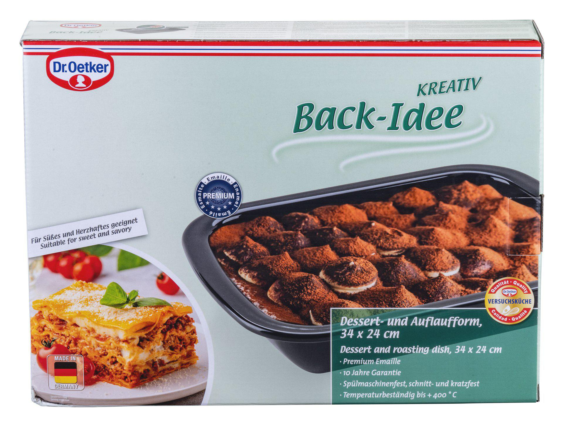 Schachtel mit Tiramisu, Lasagne und Dr. Oetker Logo. Text enthält 'Back-Idee', 'Dessert- und Auflaufform' und 'Made in Germany'.
