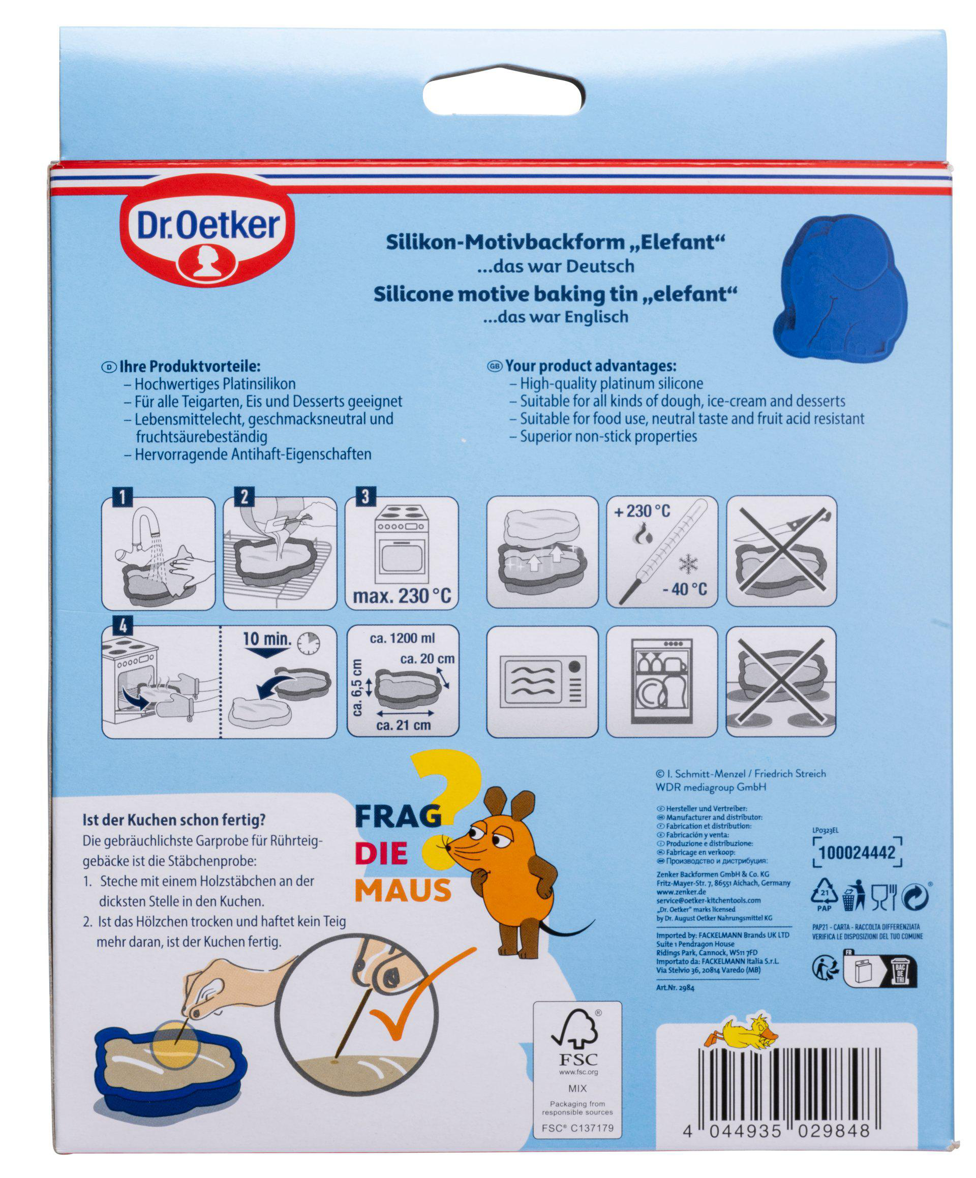 Box mit Dr. Oetker-Logo, Silikon-Backform in Elefantenform und Anweisungen.