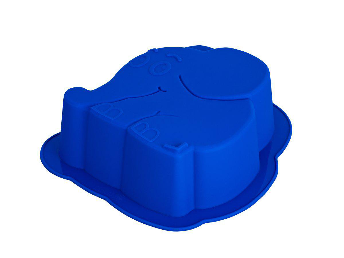 Eine blaue, elefantenförmige Silikon-Backform auf weißem Hintergrund. Die Form ist detailliert und zeigt Augen und Beine.