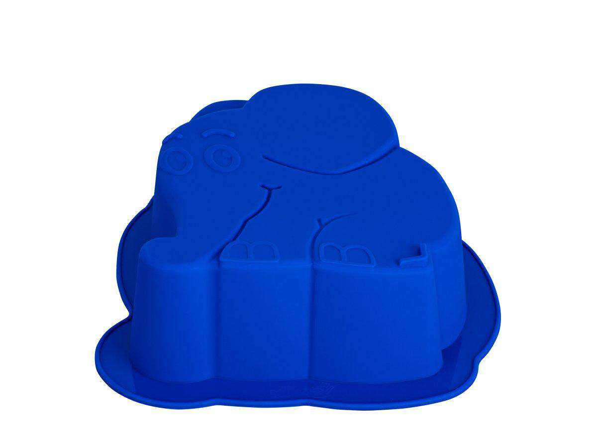 Eine blaue Elefanten-Kuchenform. Die Form besteht aus Silikon und hat ein detailliertes Design. Der Hintergrund ist schlicht weiß.