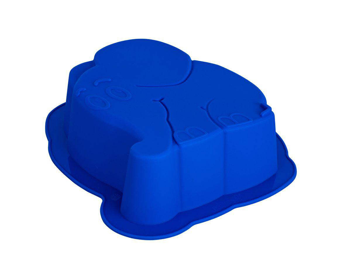 Eine blaue Silikonform in Form eines Elefanten, isoliert auf weißem Hintergrund. Die Form hat eine einheitliche Farbe.