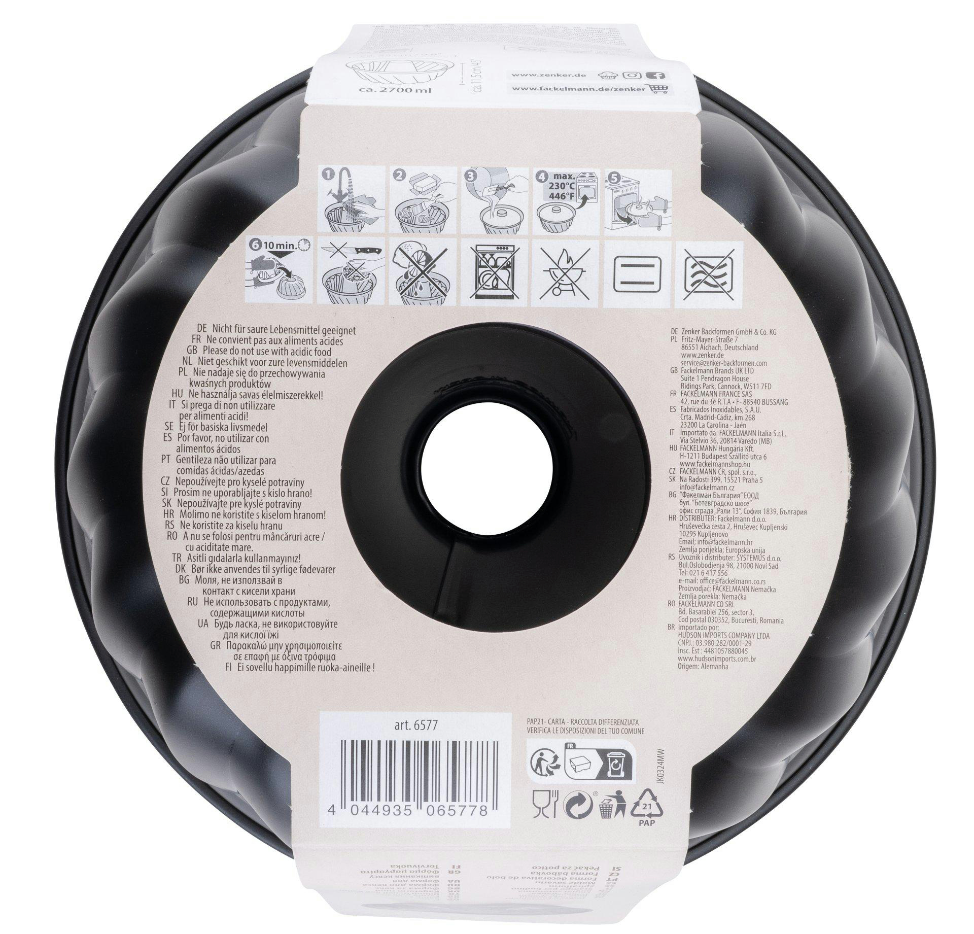 Schwarze Gugelhupf-Form mit Anweisungen. Weißes Etikett mit Text, Symbolen und Barcode.