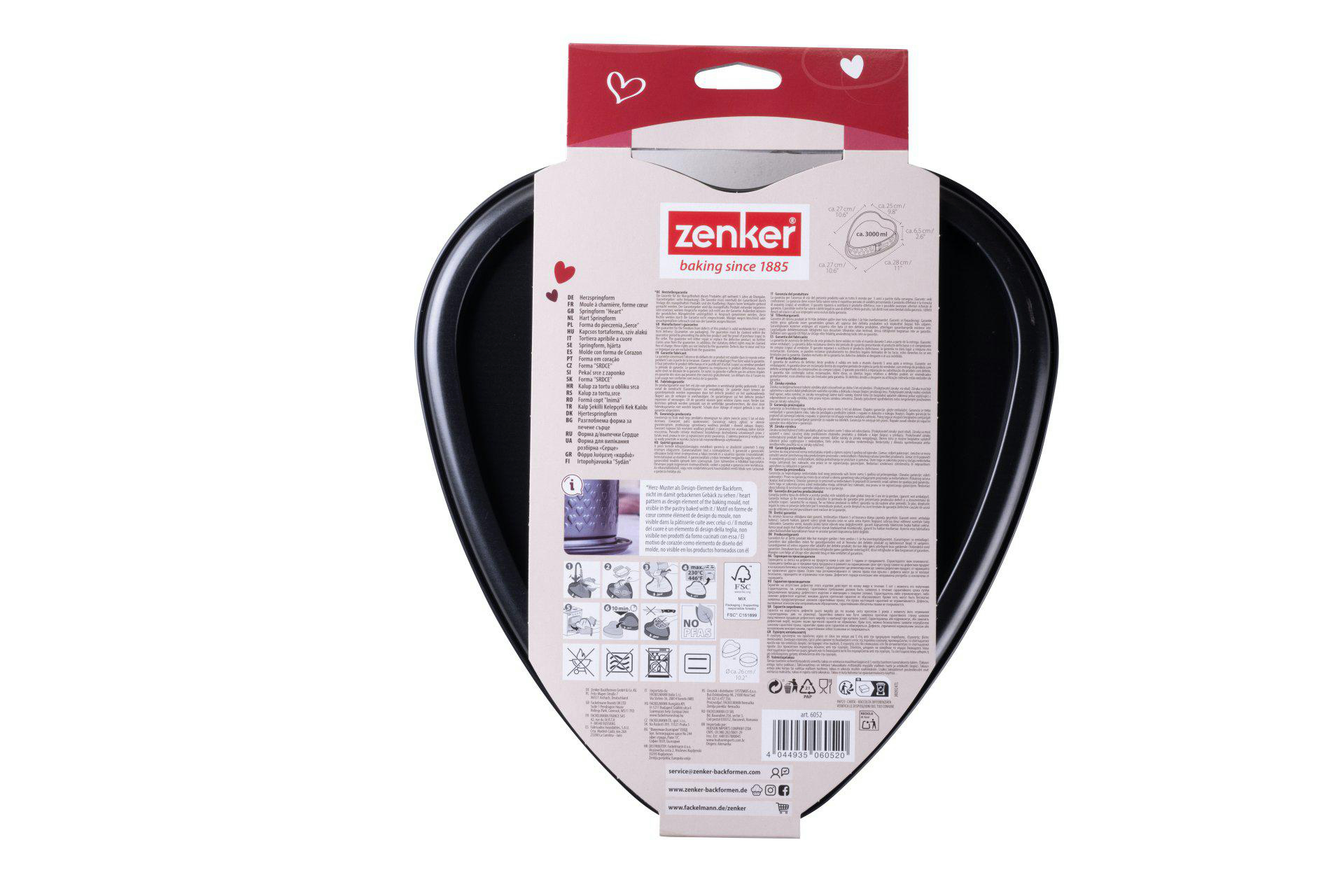 Schwarze herzförmige Backform mit Verpackung. Verpackung mit Markenlogo und Produktdetails.