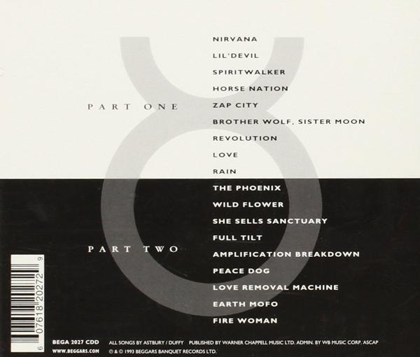 CD-Cover mit Songtiteln. Teil Eins und Teil Zwei sind mit einem kreisförmigen Design sichtbar. Songtitel sind Nirvana und Fire Woman.
