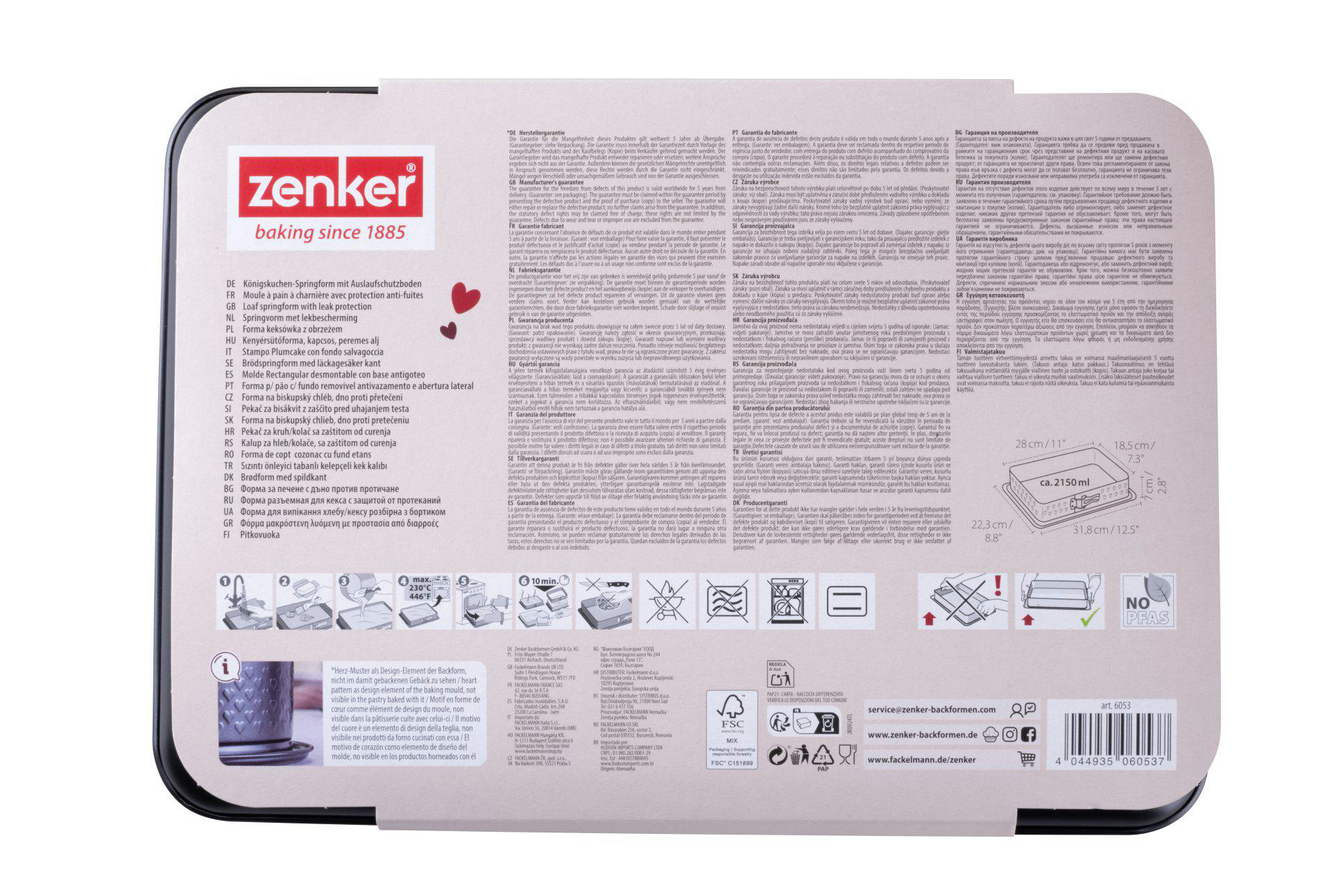 Eine Backform mit Text und Abmessungen, sowie Informationen zu Garantie und Materialien.