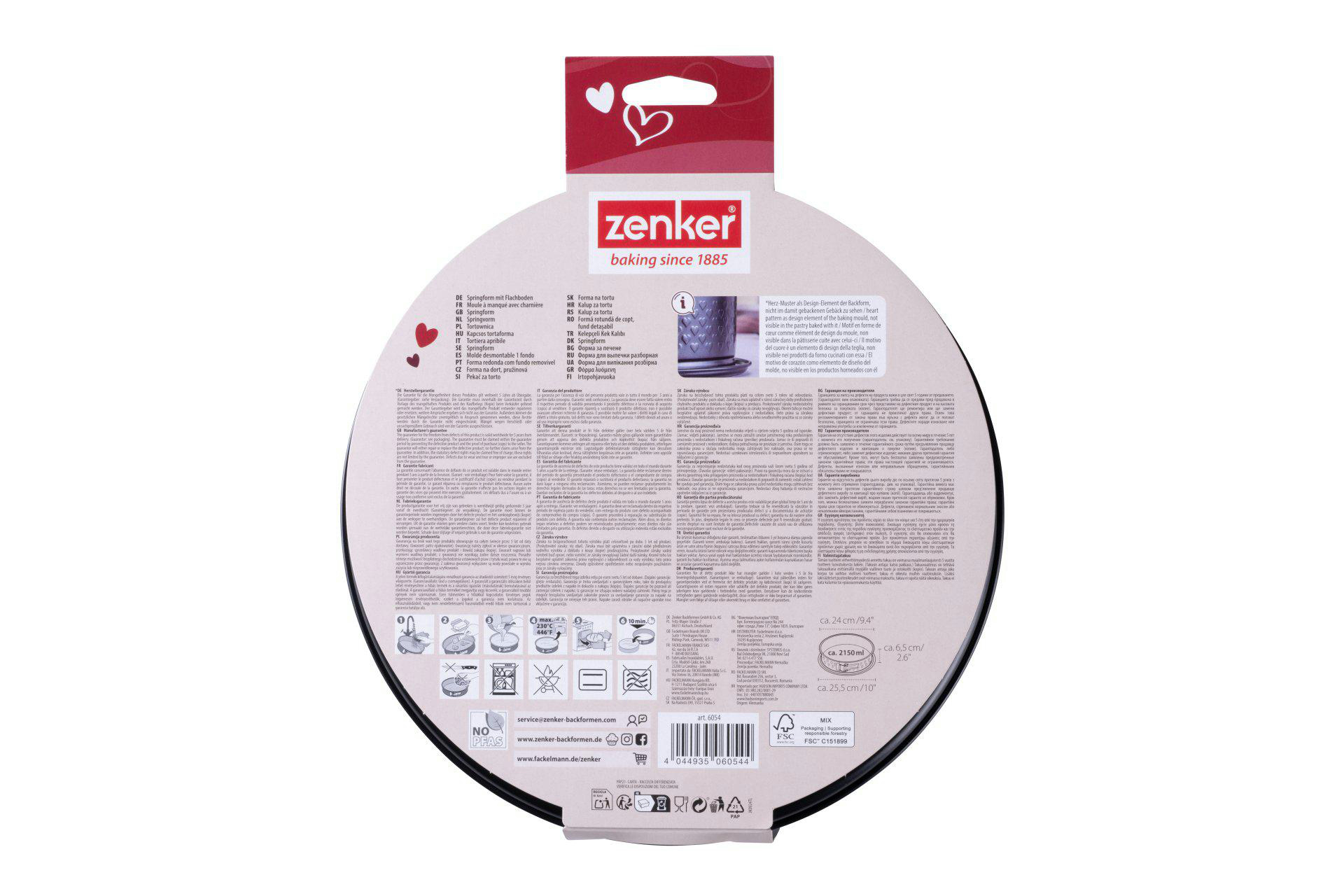 Eine Backform mit Herzdesign, Verpackung mit Text und Logo.