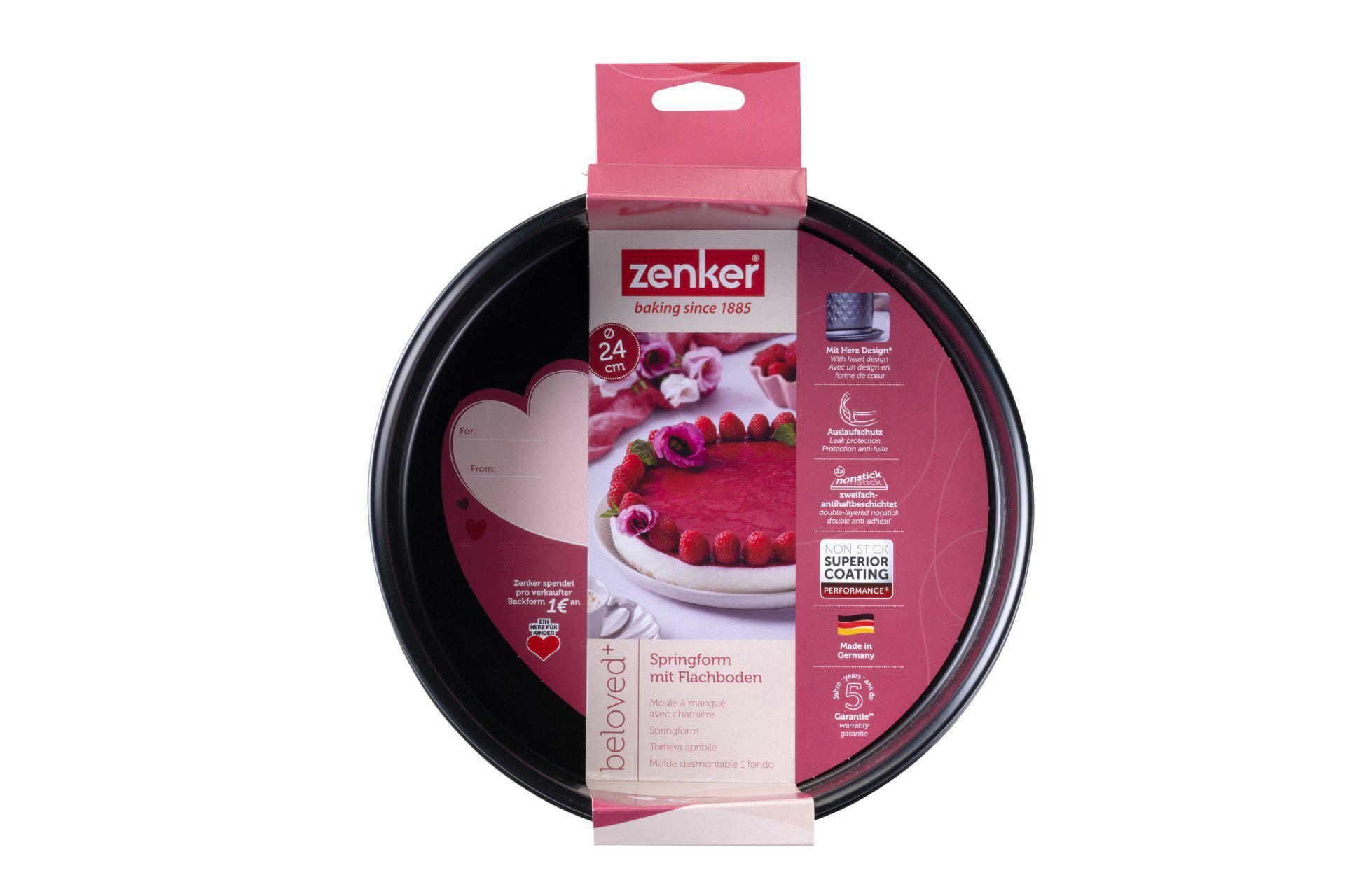 Schwarze Zenker Springform mit roter Schachtel, Kuchen und Text. Die Schachtel sagt 'beloved+'.