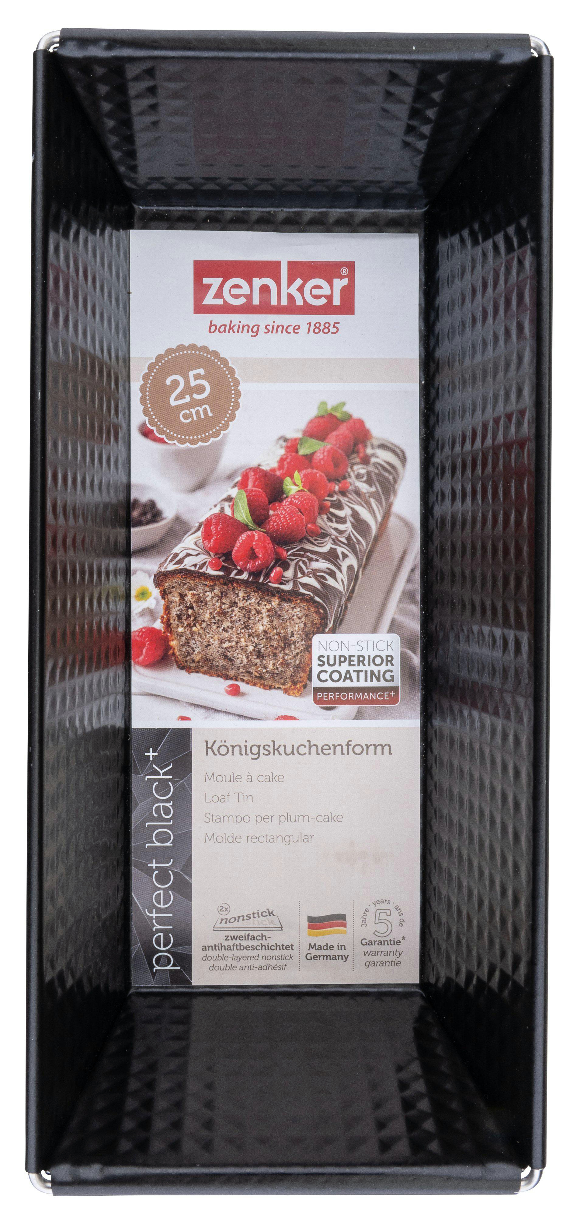 Schwarze Kastenform mit Rautenmuster. Das Etikett zeigt Kuchen mit Beeren. Text enthält Marke, Größe und Antihaft-Informationen.