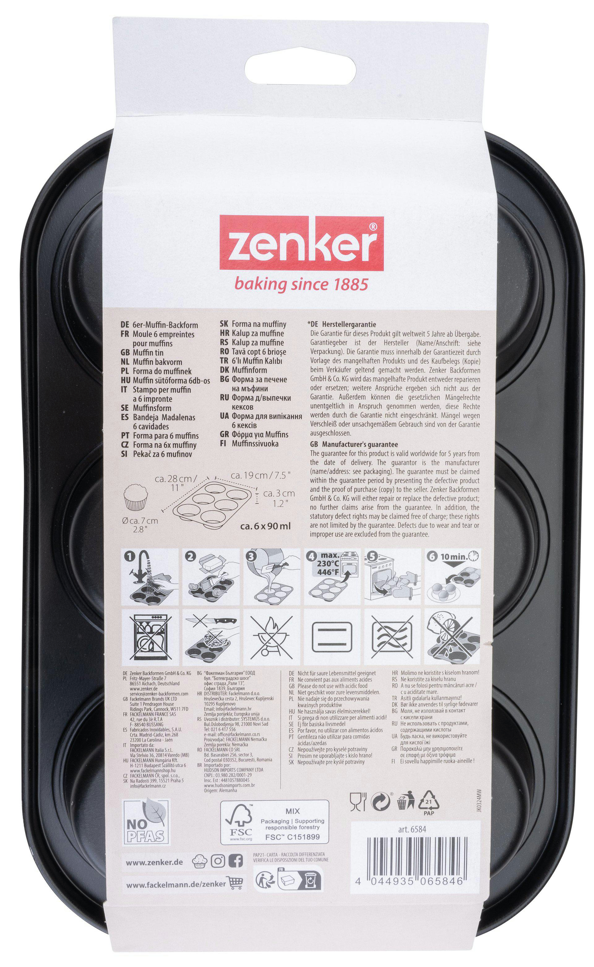 Schwarze Muffinform auf weißem Hintergrund, mit Text und Diagrammen. Die Form hat 6 Mulden.