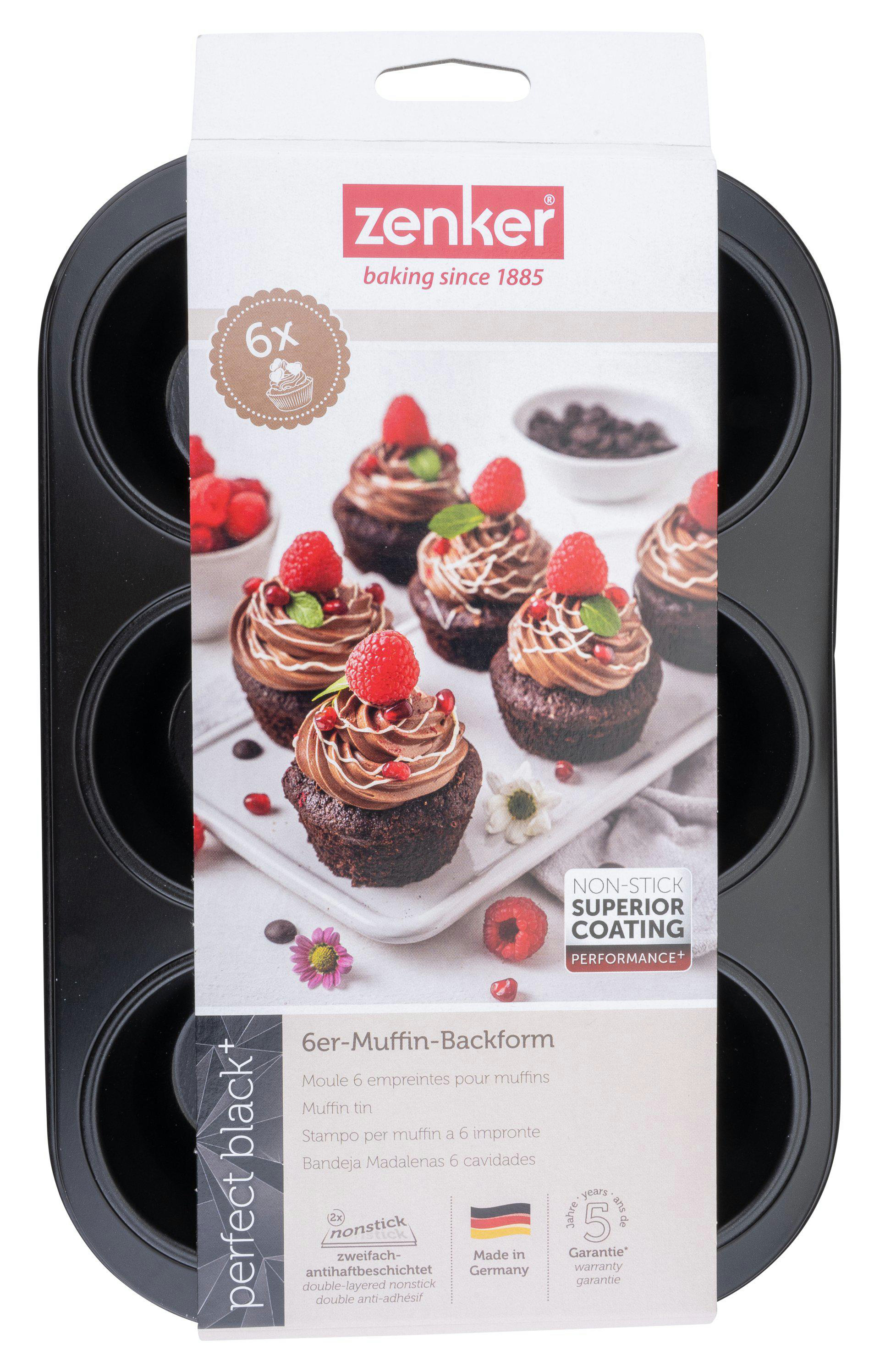 Eine schwarze Muffinform mit einer Schachtel, die sechs Cupcakes mit Himbeeren, ein Markenlogo und Text zeigt.