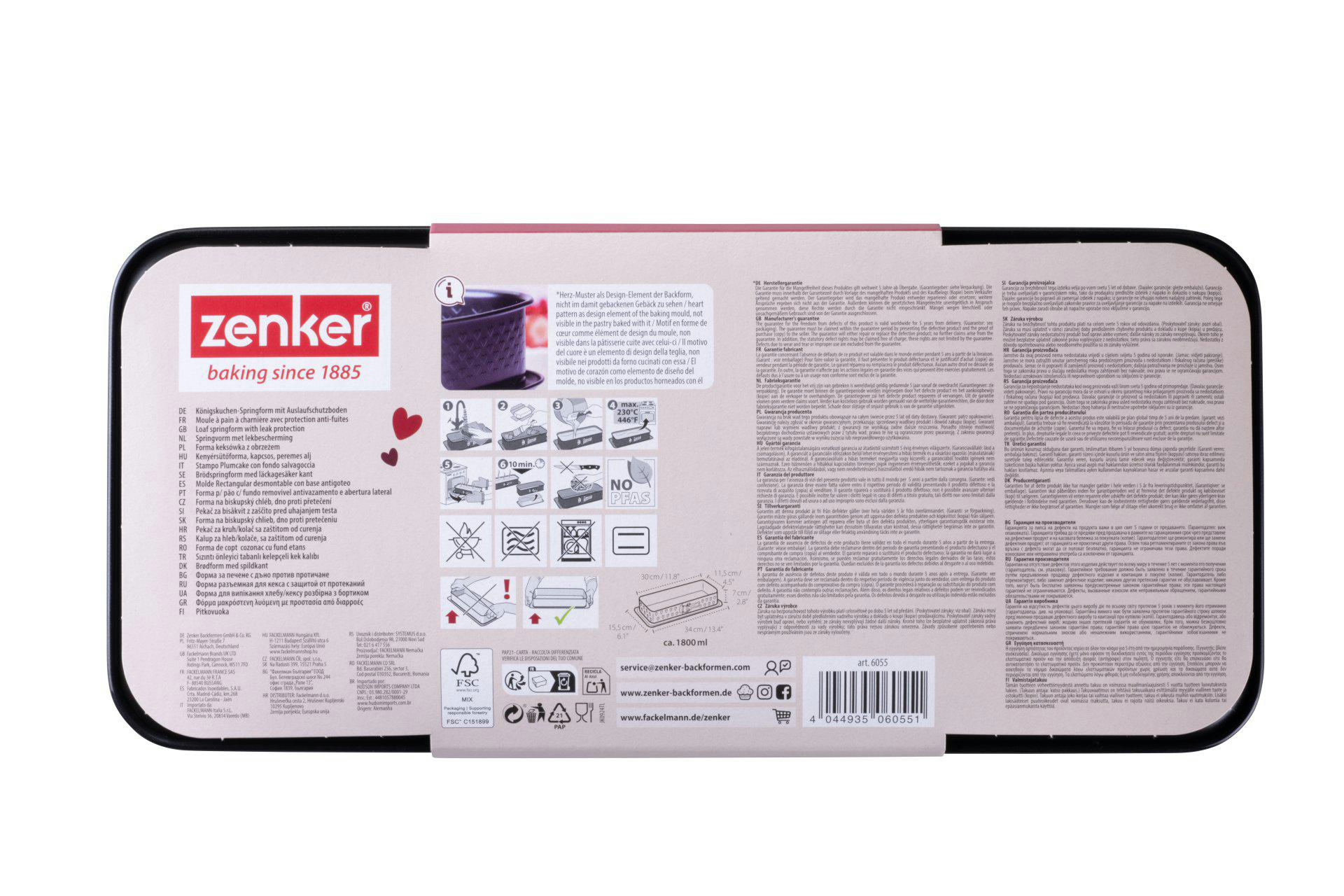 Die Produktverpackung zeigt Backform, Text und verschiedene Produktdetails.