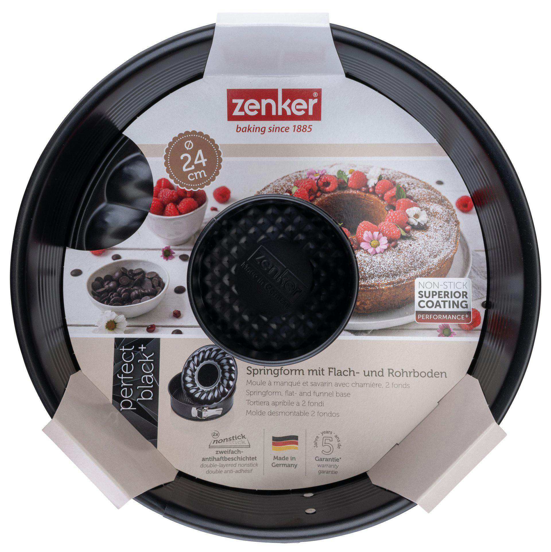 Eine schwarze Springform mit weißem Etikett. Auf der Pfanne ist ein Kuchen mit Himbeeren und der Markenname abgebildet.