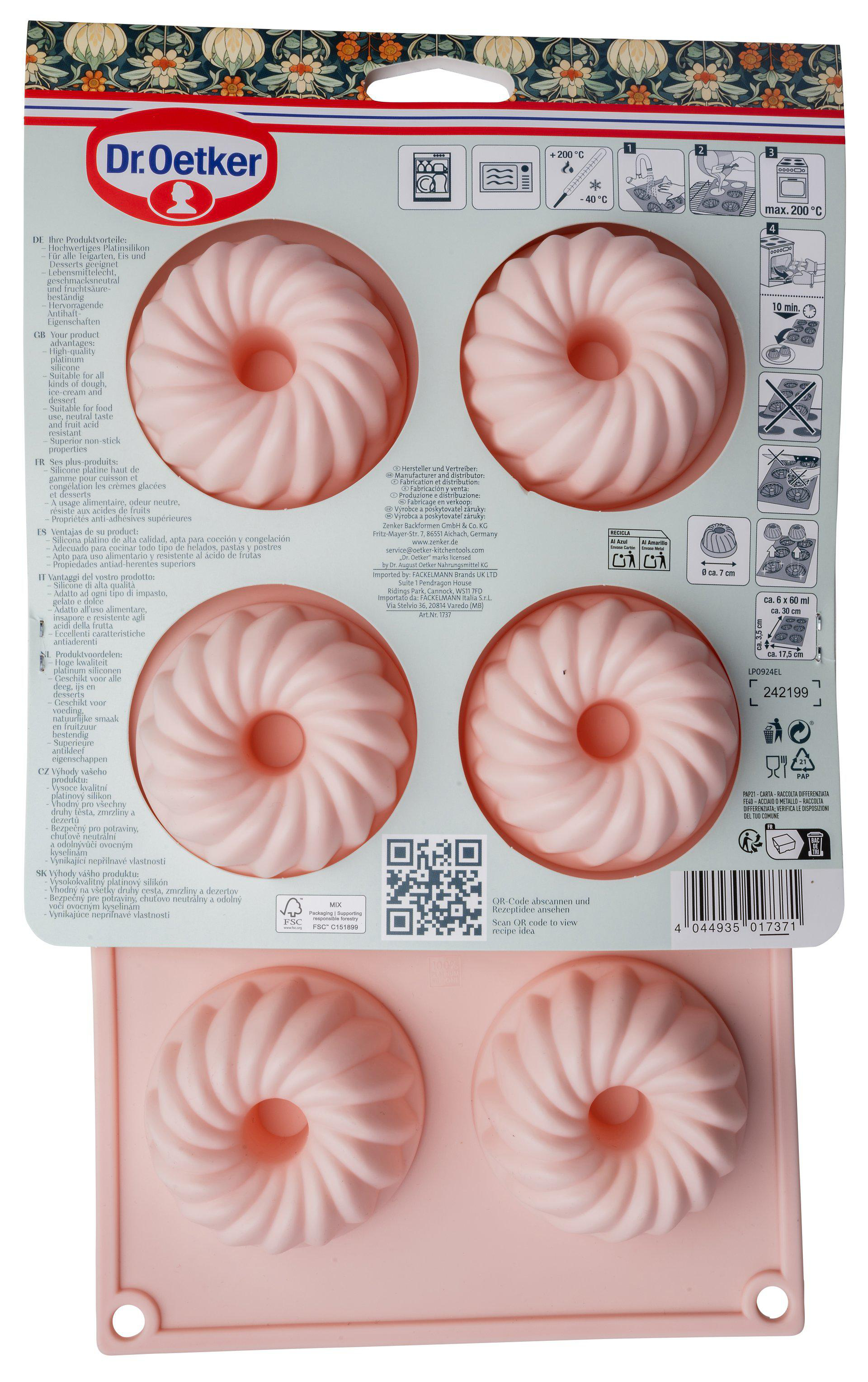Rosa Silikonform zum Backen, mit detailliertem Spiraldesign, Verpackung und Produktinformationen.