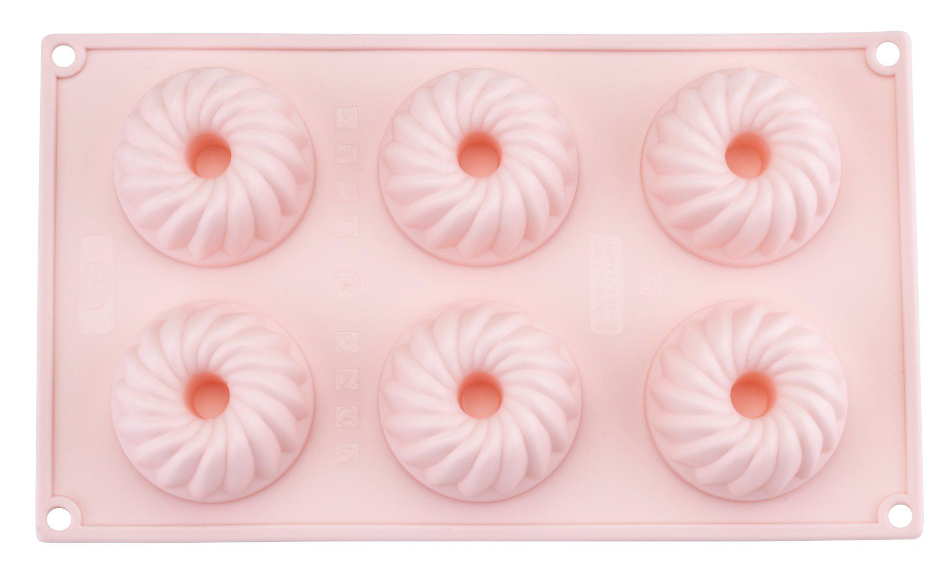 Eine rosa Silikonform mit sechs kreisförmigen Hohlräumen. Jeder Hohlraum hat ein spiralförmiges Design. Die Form ist auf weißem Hintergrund.