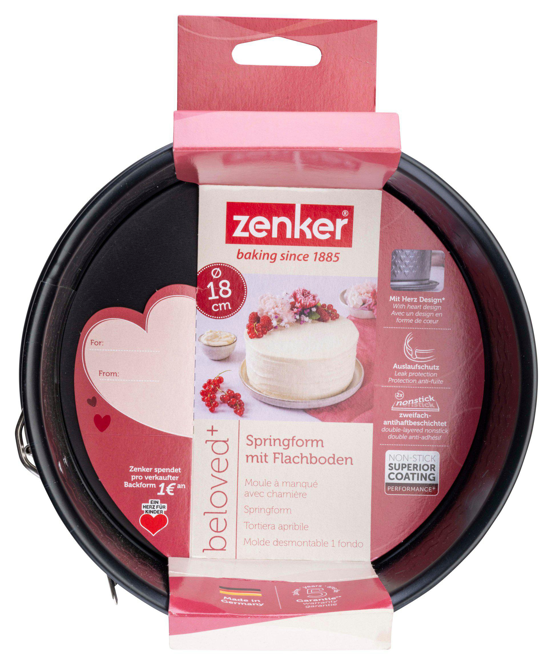 Eine Springform mit einer rosa-roten Verpackung. Die Verpackung hat ein Kuchenbild und Text.