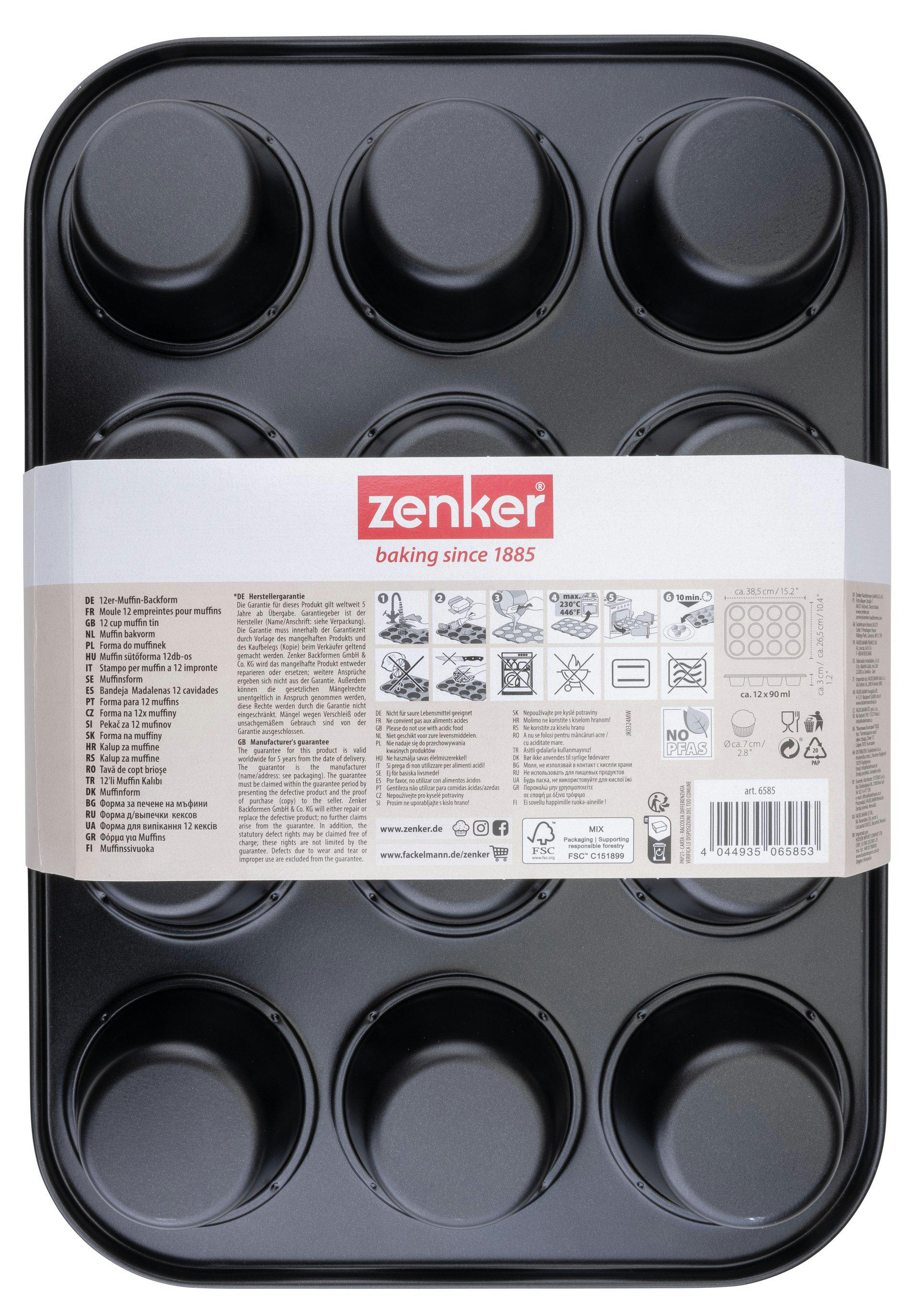 Schwarzes Muffinblech mit 12 runden Formen. Enthält Produktinfo und Markenlogo.