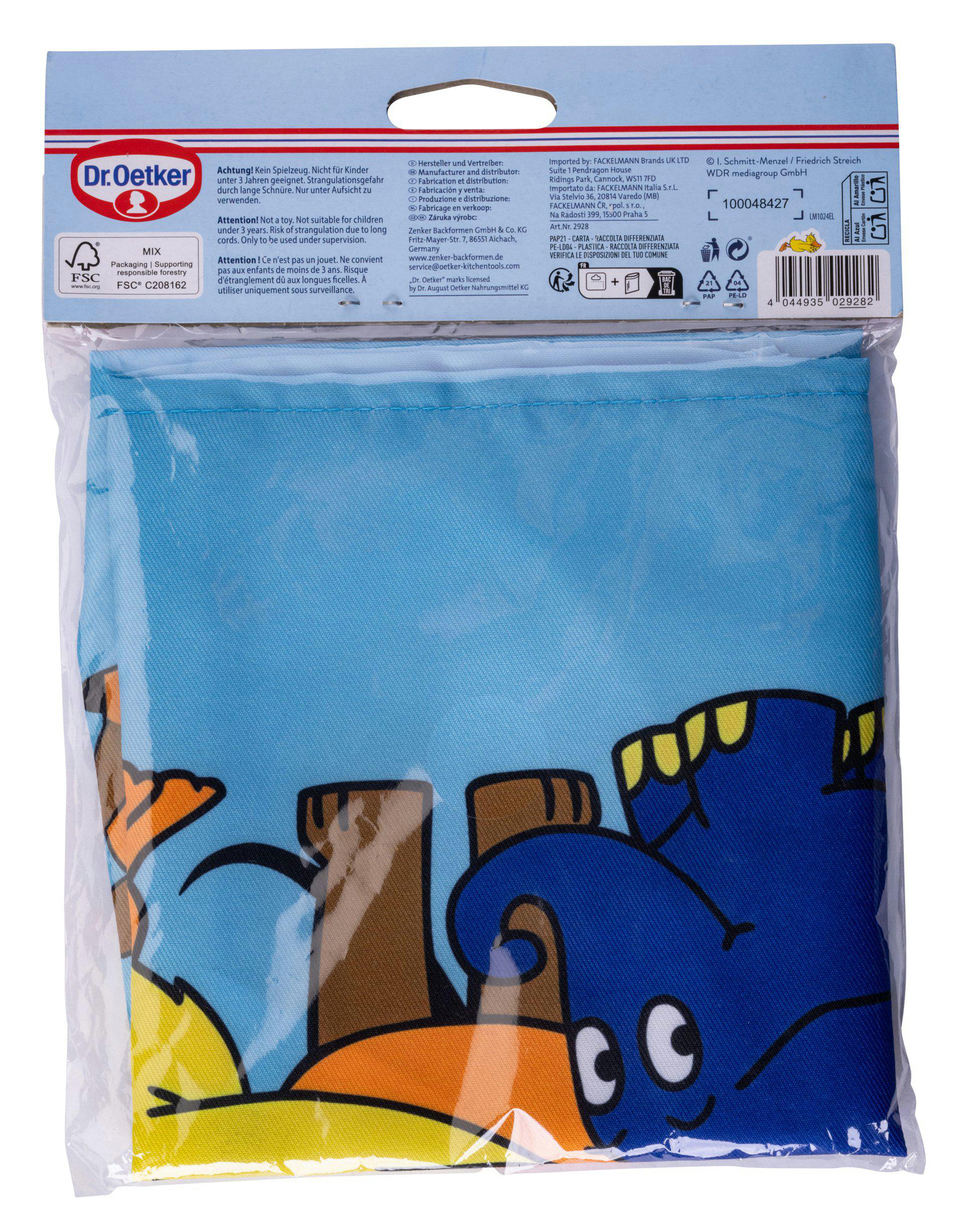 Blauer Stoff mit Cartoon-Design in einer transparenten Plastiktüte.