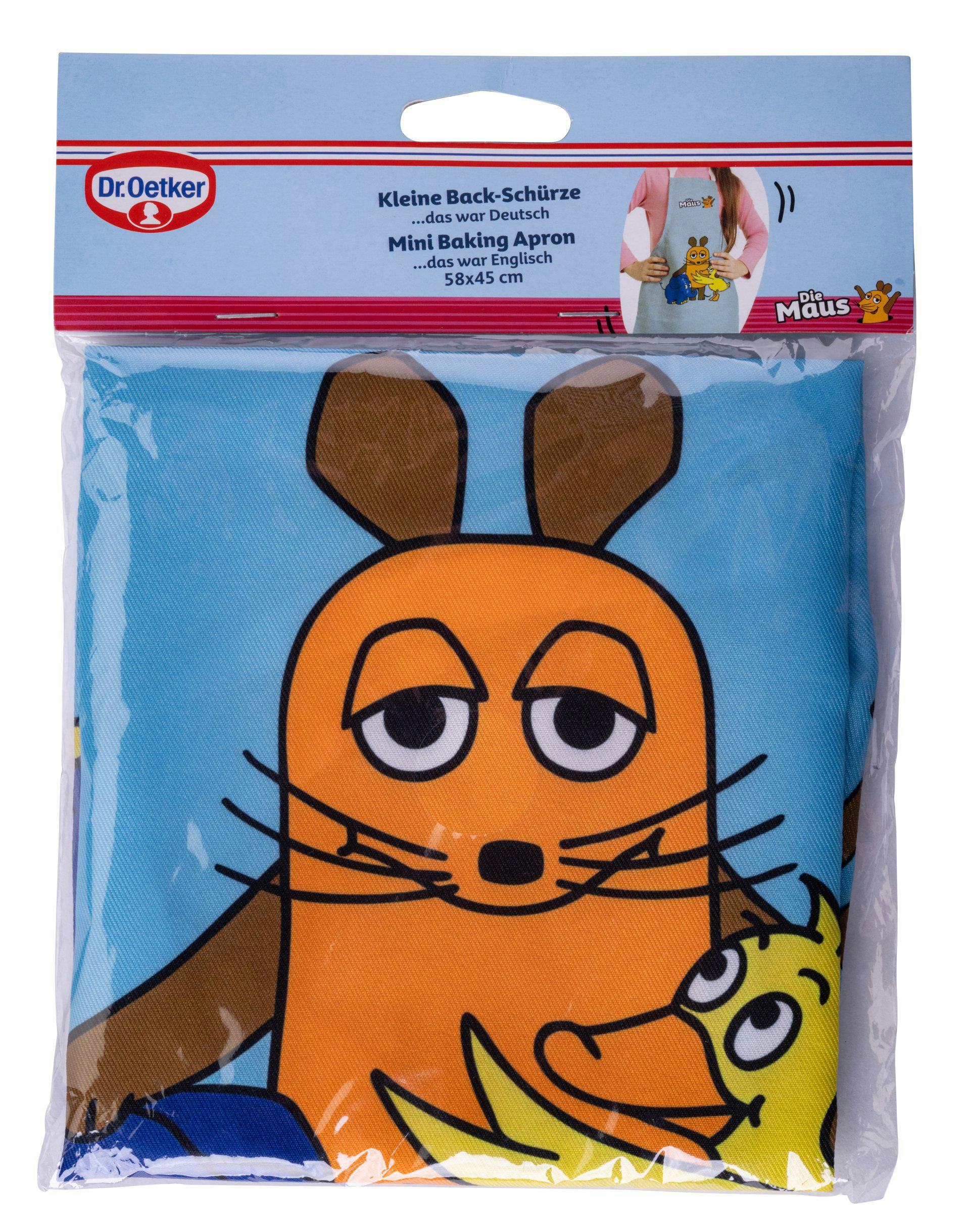 Ein verpacktes Mini-Backschürze mit einer orangefarbenen Mausfigur auf blauem Hintergrund. Die Verpackung hat Text und Logos.