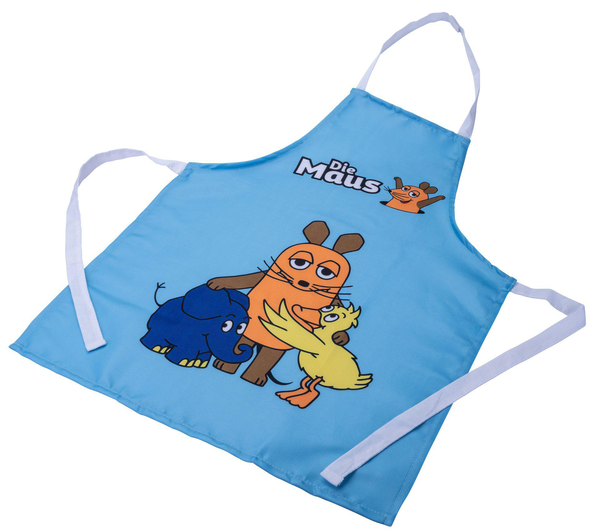 Blaue Schürze mit Cartoon-Maus, Elefant und Vogel. Weiße Träger. Titel 'Die Maus'.
