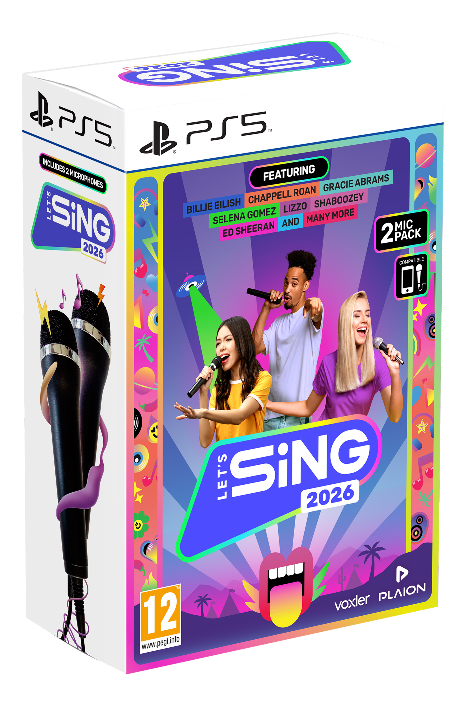 Scatola del gioco Let's Sing 2026. Presenta cantanti con microfoni, il logo PS5 e il titolo del gioco. Include due microfoni.