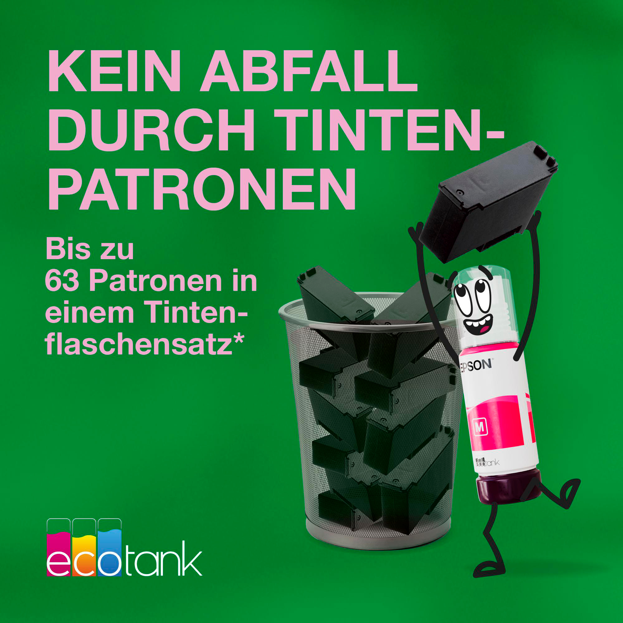 Eine Epson-Tintenflaschenfigur hält eine Patrone über einem Mülleimer voller Patronen. Grüner Hintergrund mit Text.