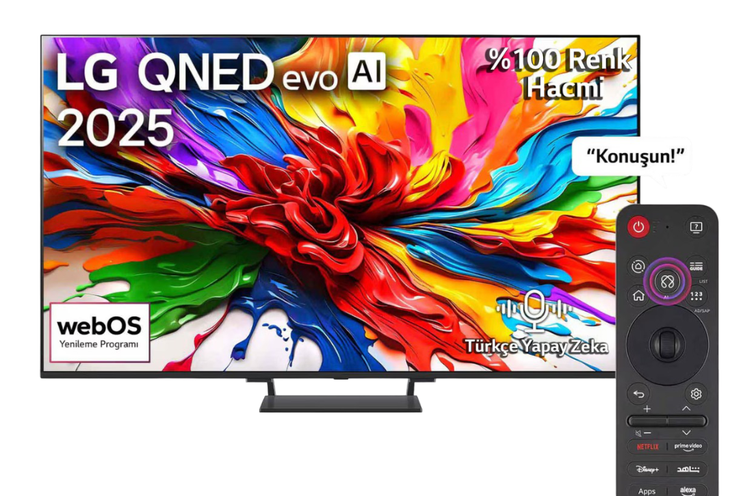 Renkli ekrana ve uzaktan kumandaya sahip LG QNED evo AI 2025 TV. Metin: Konuşun! (Konuş!). webOS ve Türkçe Yapay Zeka.