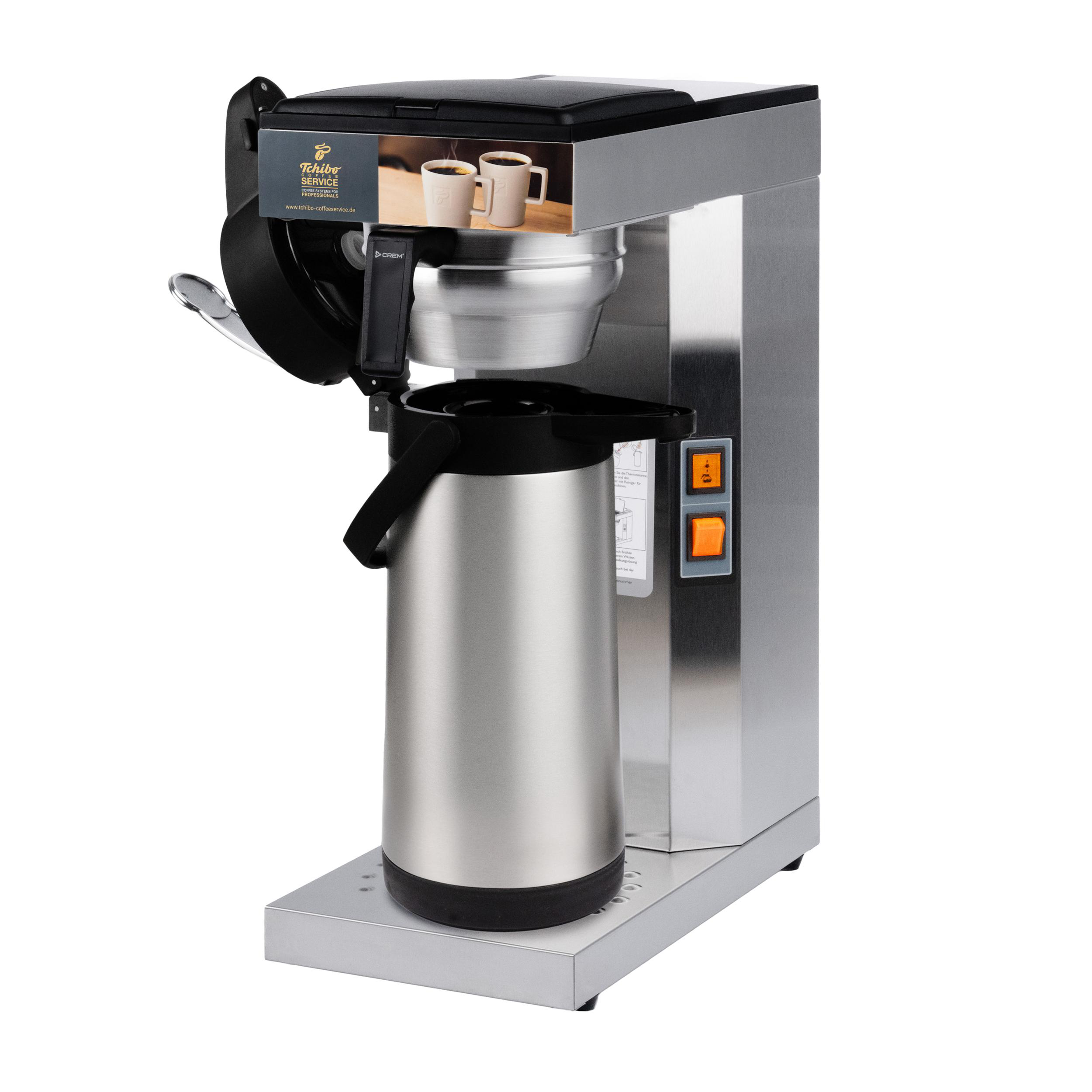Eine silber-schwarze Tchibo-Kaffeemaschine mit Thermokanne auf weißem Hintergrund. Logo und Text sind sichtbar.