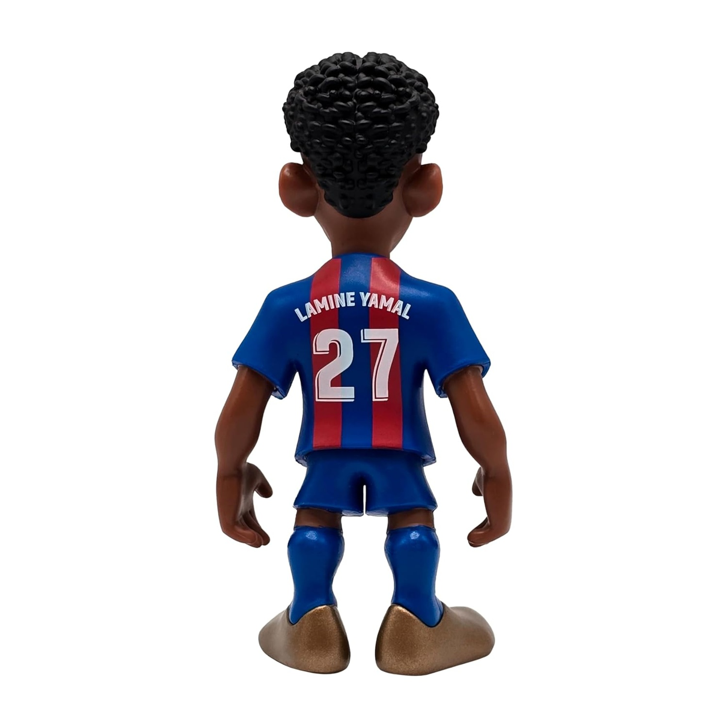 Una statuetta di un calciatore, vista da dietro. Indossa una maglia blu con strisce rosse, il numero 27 e il nome Lamine Yamal.