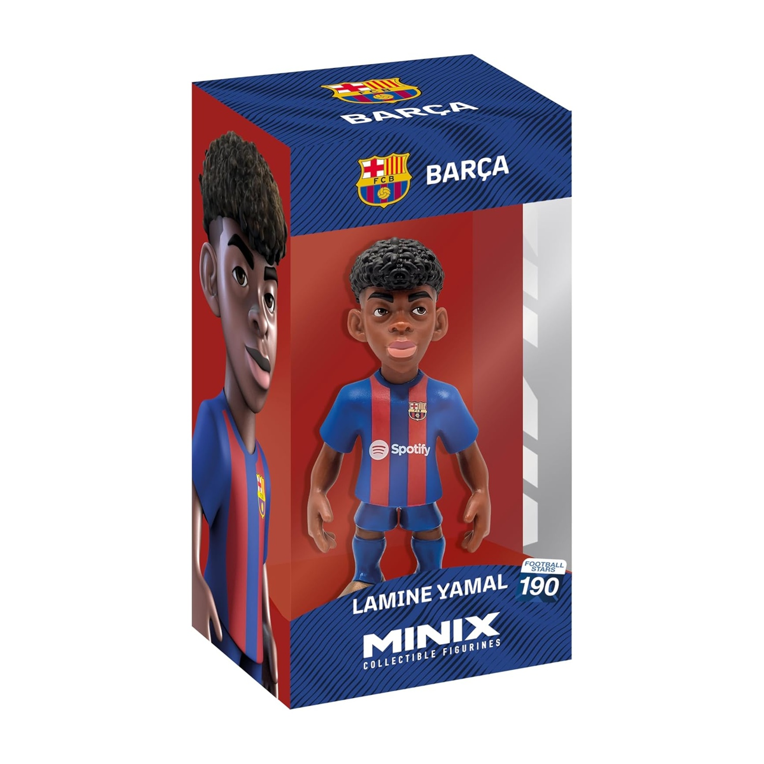 Una statuetta Minix di Lamine Yamal con la maglia del Barcellona è dentro una scatola. La scatola presenta il logo e il marchio del Barcellona.