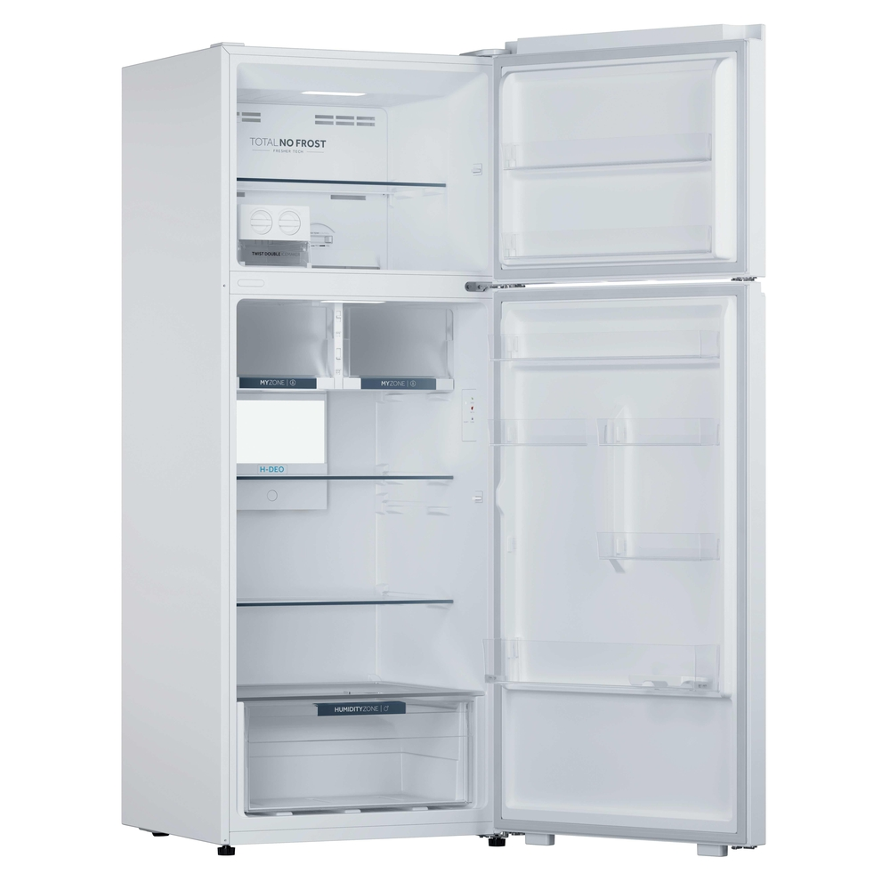 Beyaz, açık bir buzdolabı rafları ve bölmeleri sergiliyor. İçindeki etiketlerde "Total No Frost", "My Zone", "Humidity Zone" ve "H-Deo" yazıyor.