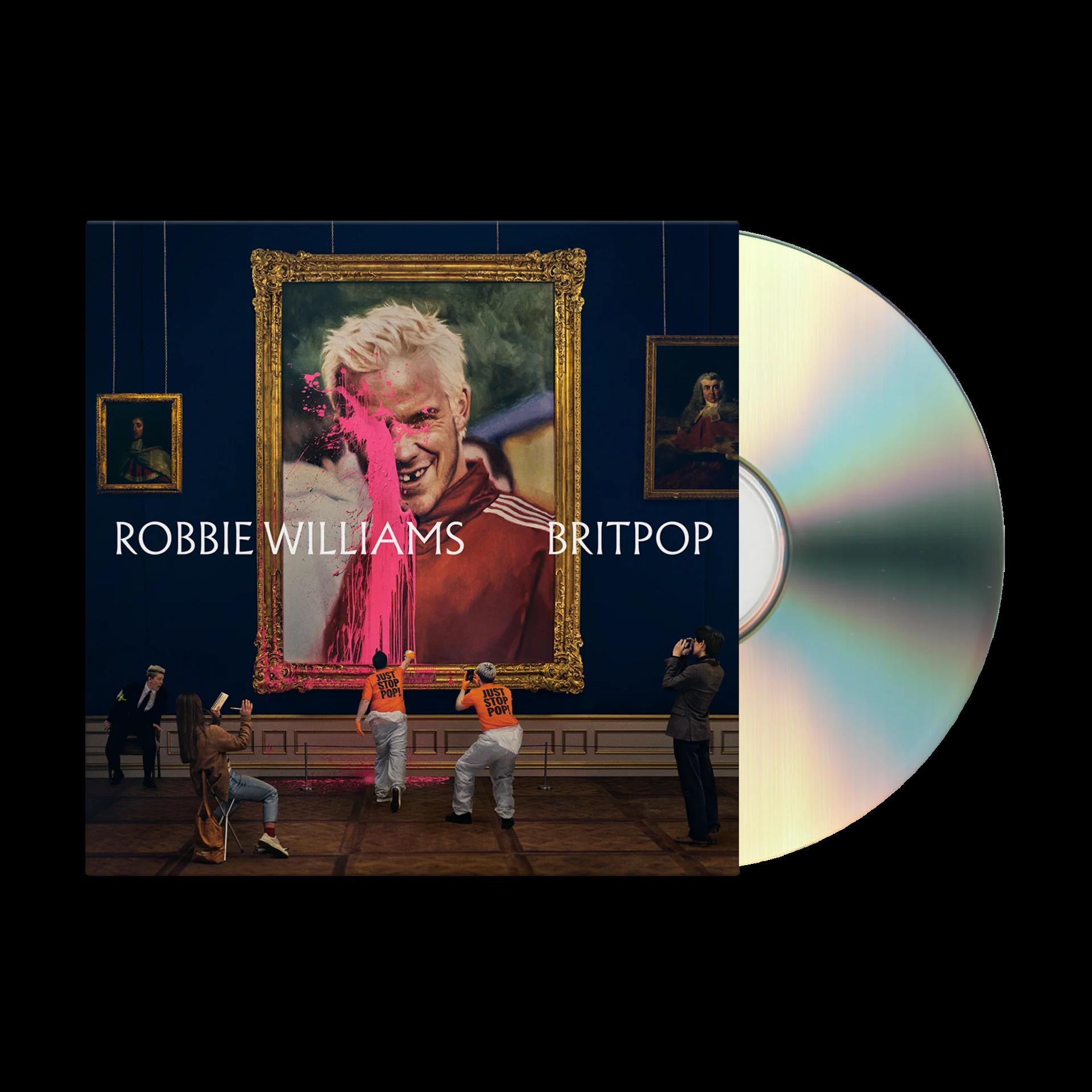 Albumhoes van Robbie Williams. Portret met roze verfspatten. Mensen kijken en schilderen.