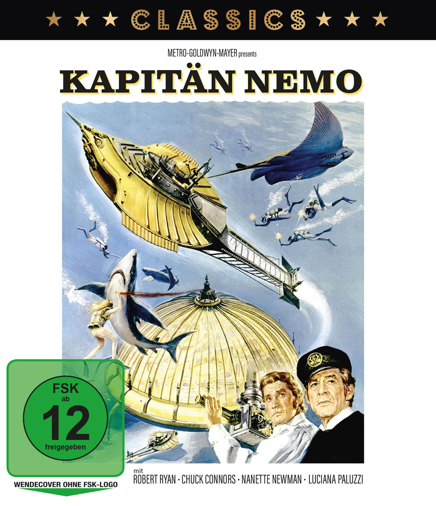 Filmposter für 'Kapitän Nemo'. Ein goldenes U-Boot fliegt über Taucher und Haie. Schauspieler sind unten, und ein Rating-Logo ist links.