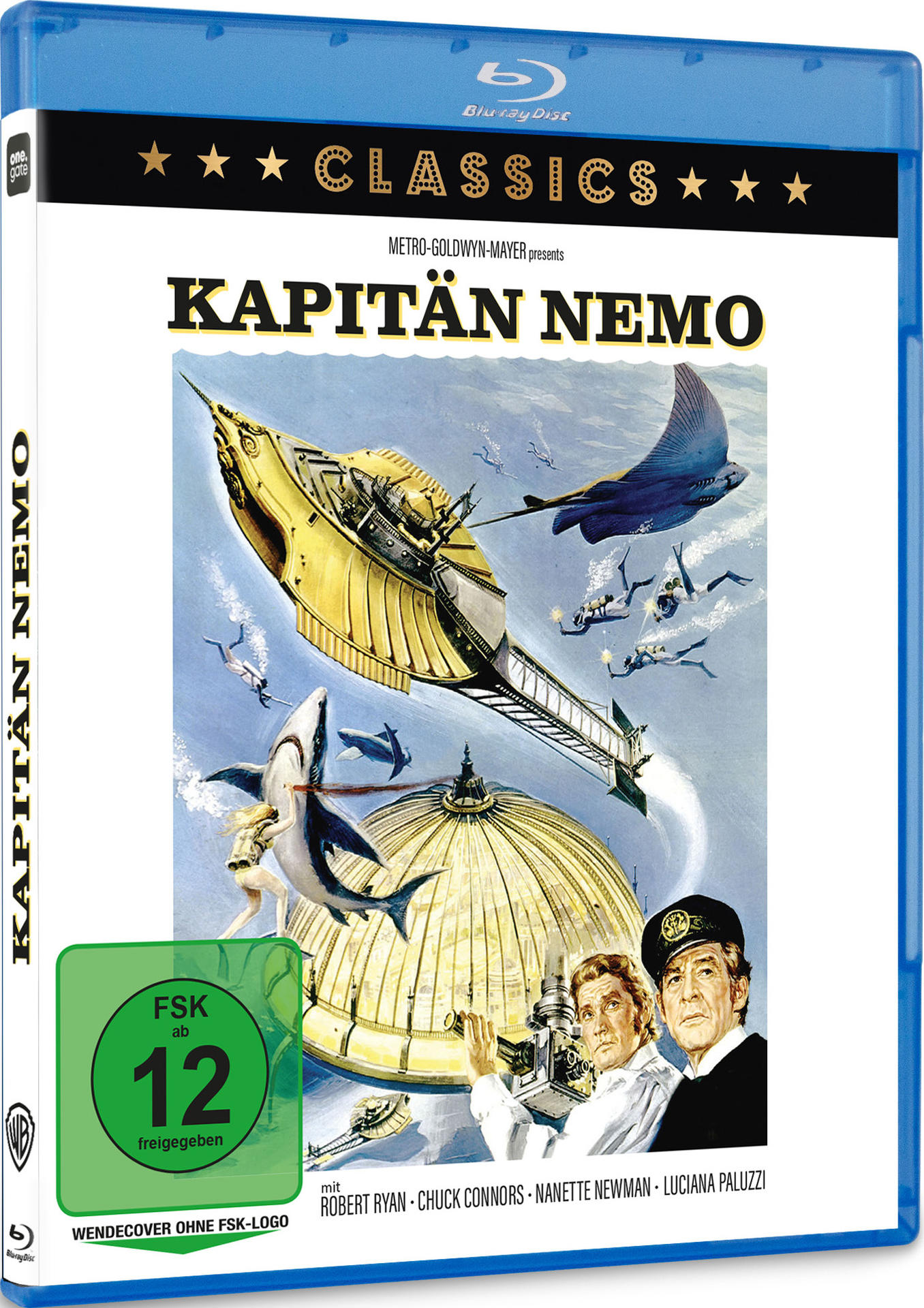 Blu-ray-Cover von 'Kapitän Nemo'. Zeigt ein U-Boot, Taucher und einen riesigen Rochen. Schauspieler Robert Ryan und Chuck Connors.