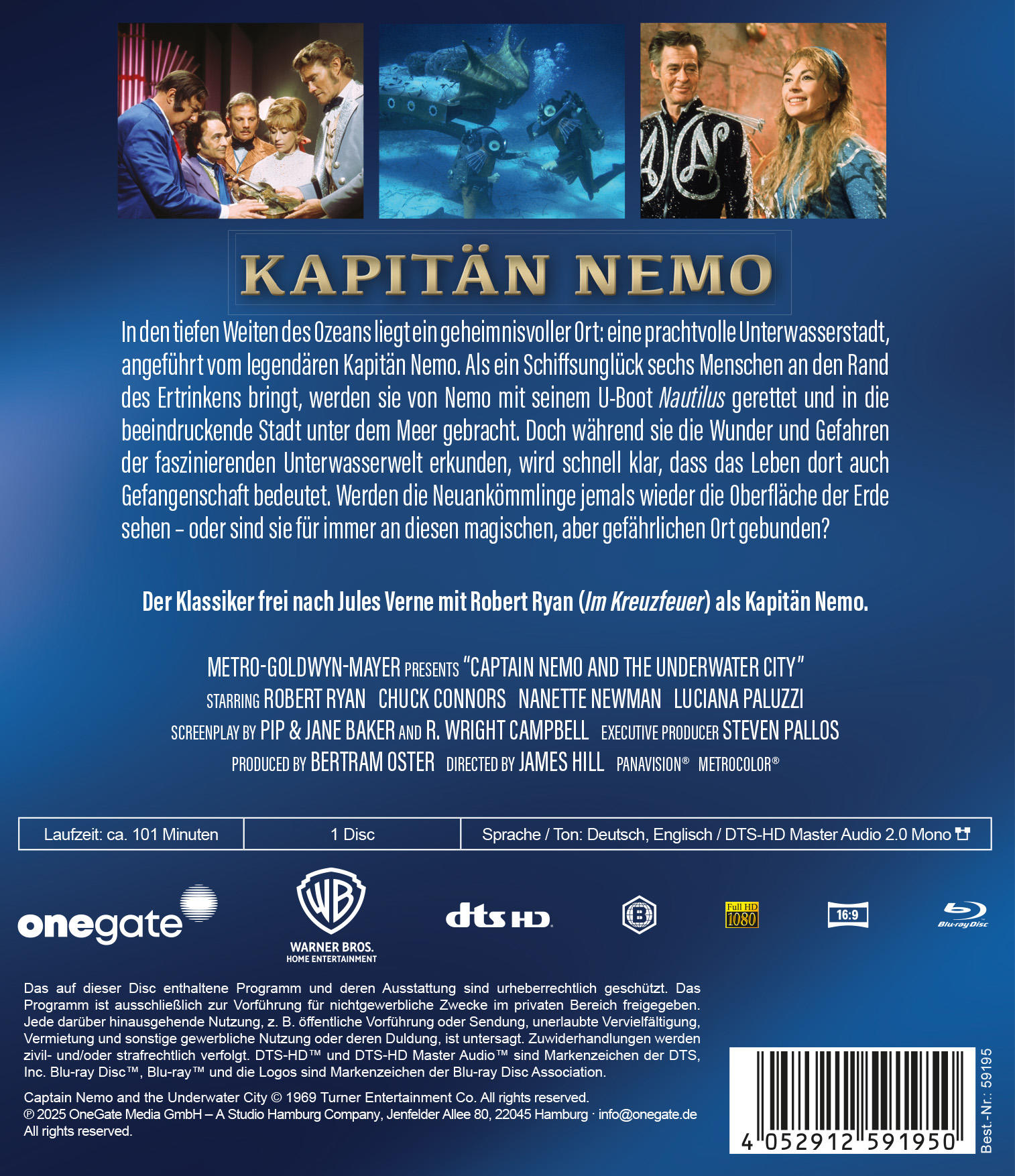 Filmposter für 'Kapitän Nemo'. Enthält Fotos der Schauspieler, Unterwasserszenen und den Titel. Mit Logos.