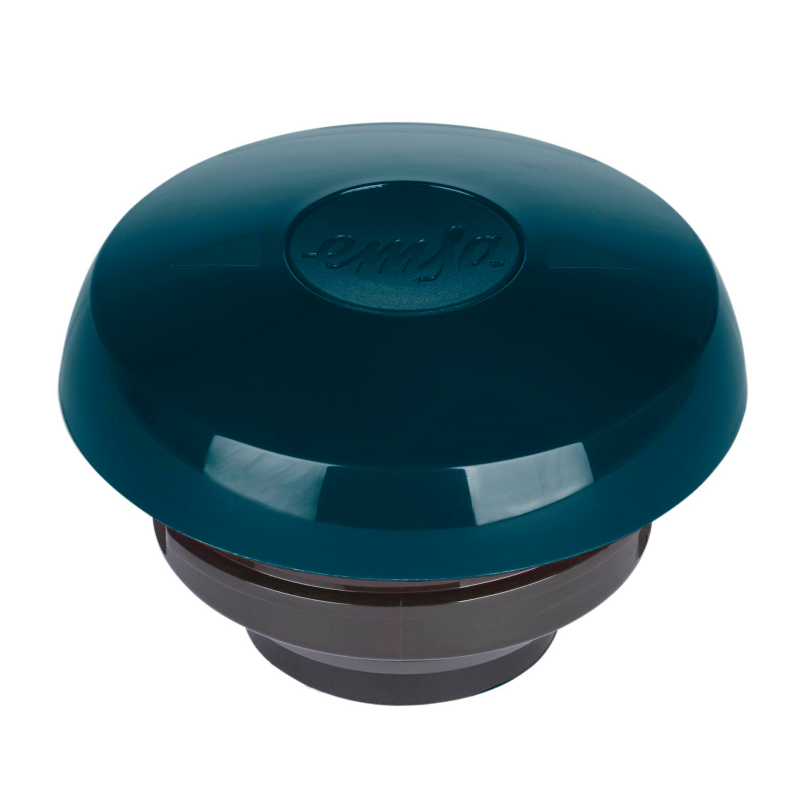 Ein teal-farbener, kuppelförmiger Deckel mit dem geprägten Wort 'emsa' auf einem dunkelgrauen Sockel, isoliert auf weißem Hintergrund.
