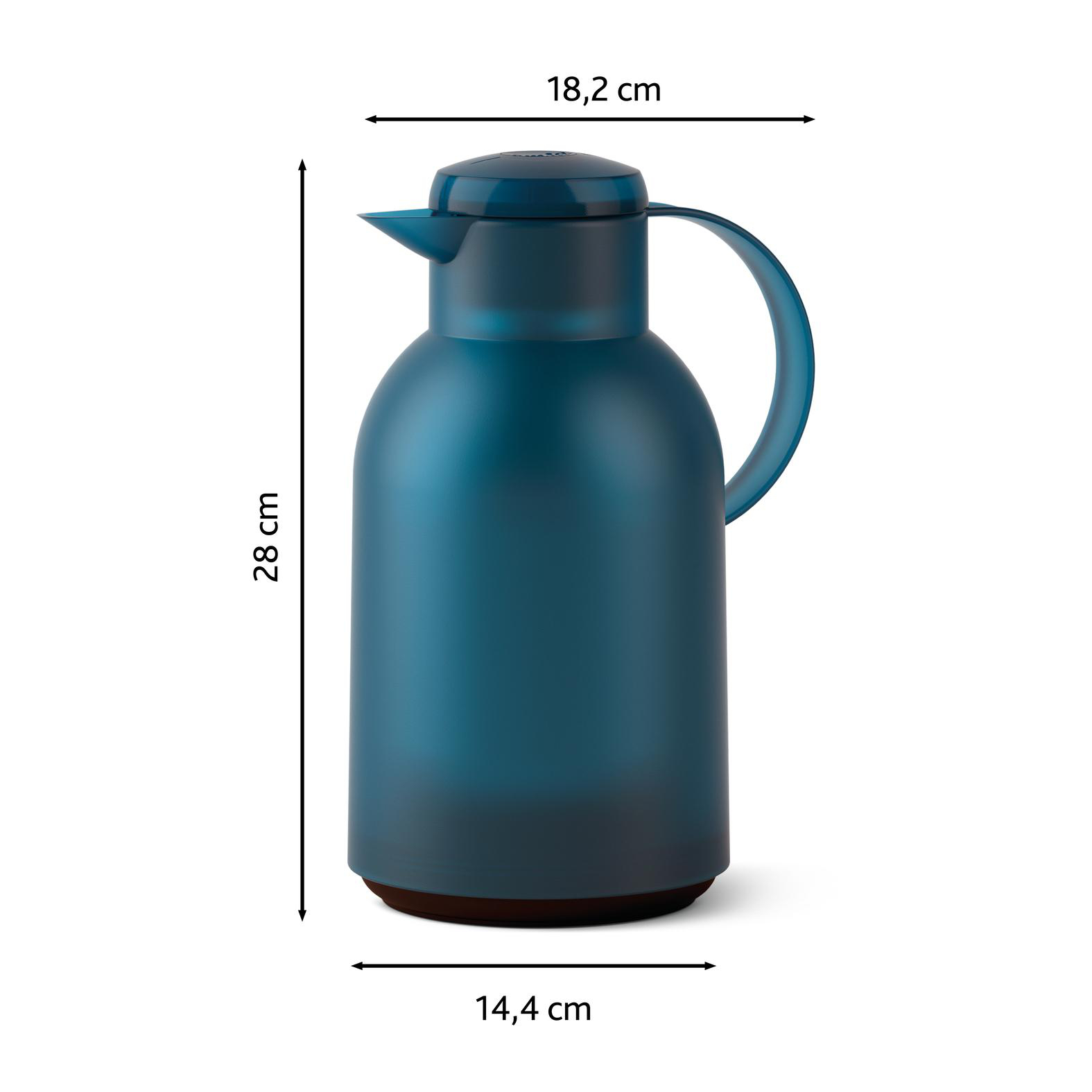 Eine türkisfarbene Isolierkanne mit Henkel und Deckel, Maße 28 cm hoch und 18,2 cm breit, auf weißem Hintergrund.