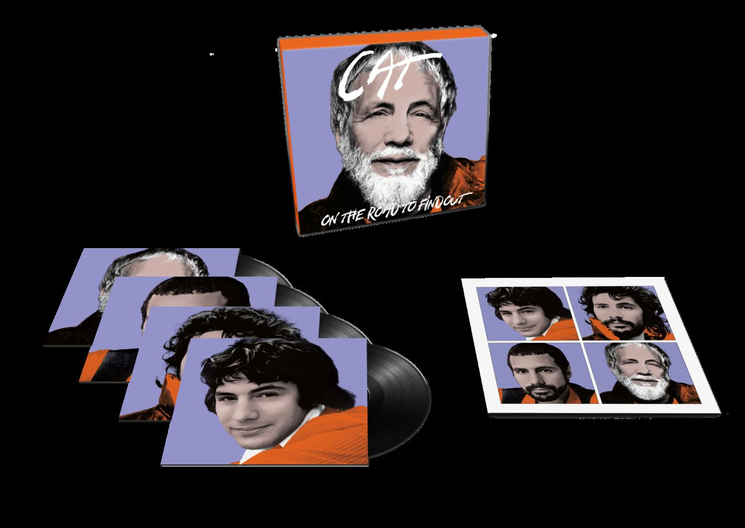 Albumcover mit Porträt von Cat Stevens und Albumtitel. Vinylplatten und Porträts von Musikern sind ebenfalls vorhanden.