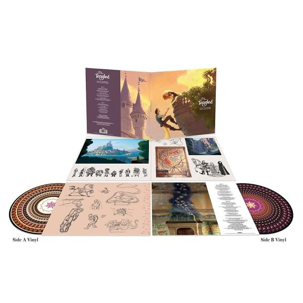 Tangled Vinyl mit Rapunzel und Flynn, Skizzen, Stadtansicht und Sternenhimmel.