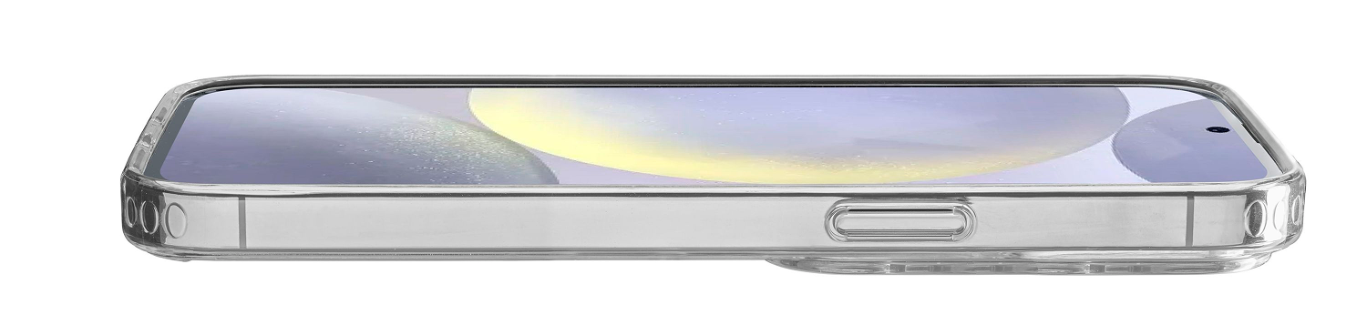 Un smartphone en una funda transparente se muestra horizontalmente. La pantalla muestra una imagen borrosa.