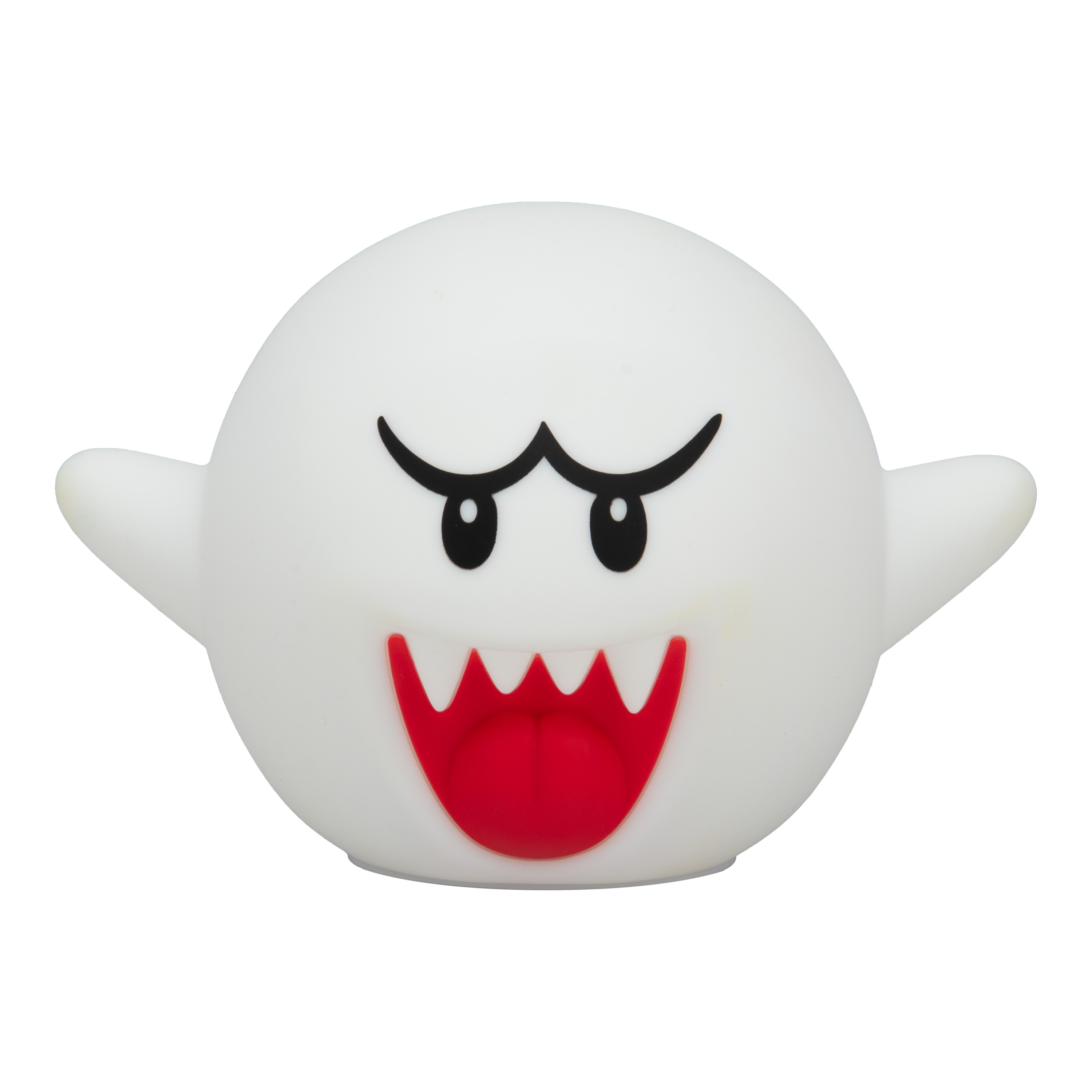 Ein weißer Cartoon-Geist mit schwarzen Augen, Augenbrauen und einem roten Mund. Er hat kleine Arme.