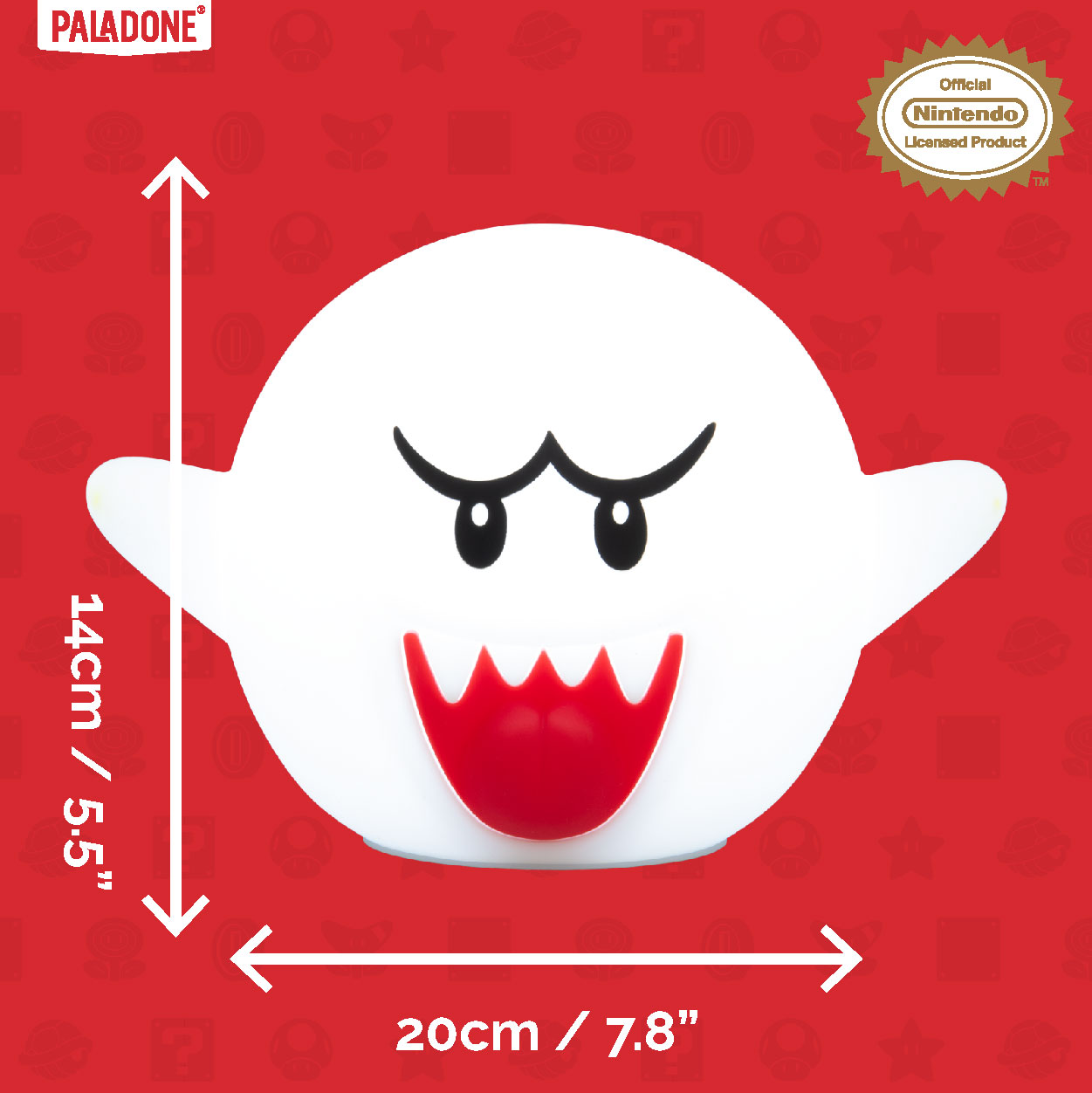 Eine weiße Boo-förmige Lampe mit roten Zähnen und schwarzen Augen auf rotem Hintergrund. Sie ist 20 cm breit und 14 cm hoch. Nintendo-Lizenzprodukt.