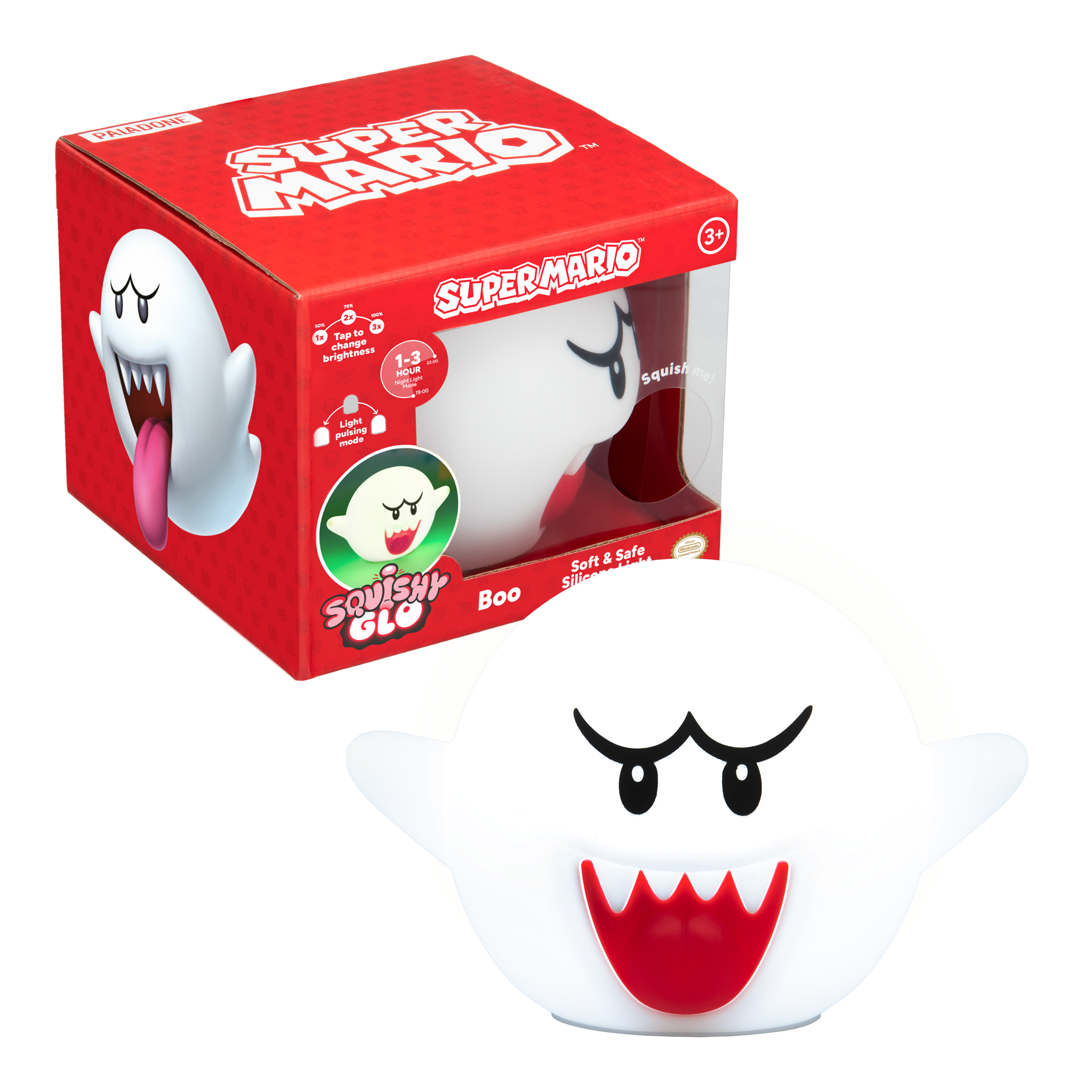 Ein weißes Boo-Nachtlicht, eine Super Mario-Box und ein separates Boo-Spielzeug. Boo hat schwarze Augen und einen roten Mund und Zunge.