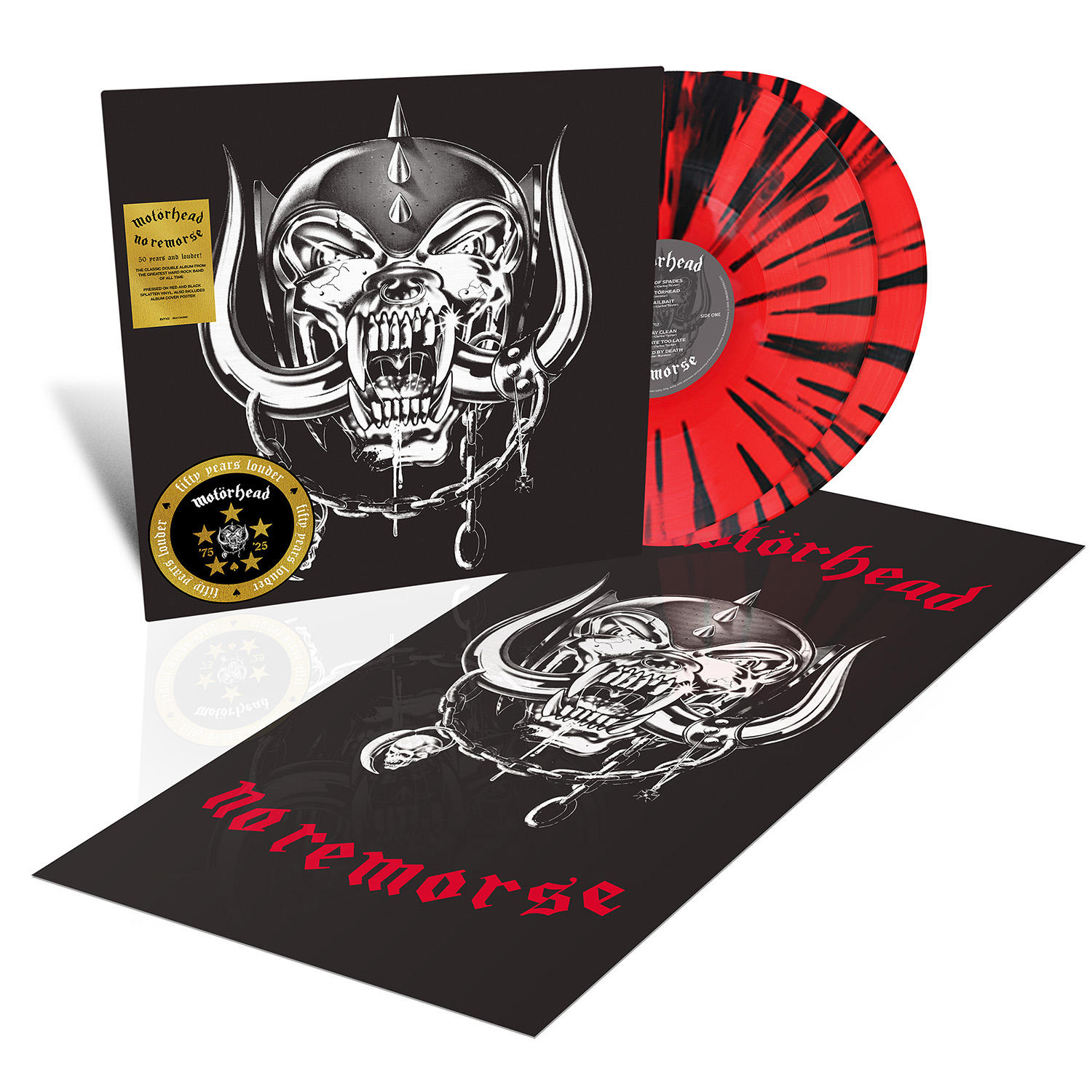 Albumcover von Motörheads 'No Remorse'. Zeigt das Totenkopf-Logo der Band, rot-schwarze Vinyls und ein schwarzes Albumcover mit Bandnamen.