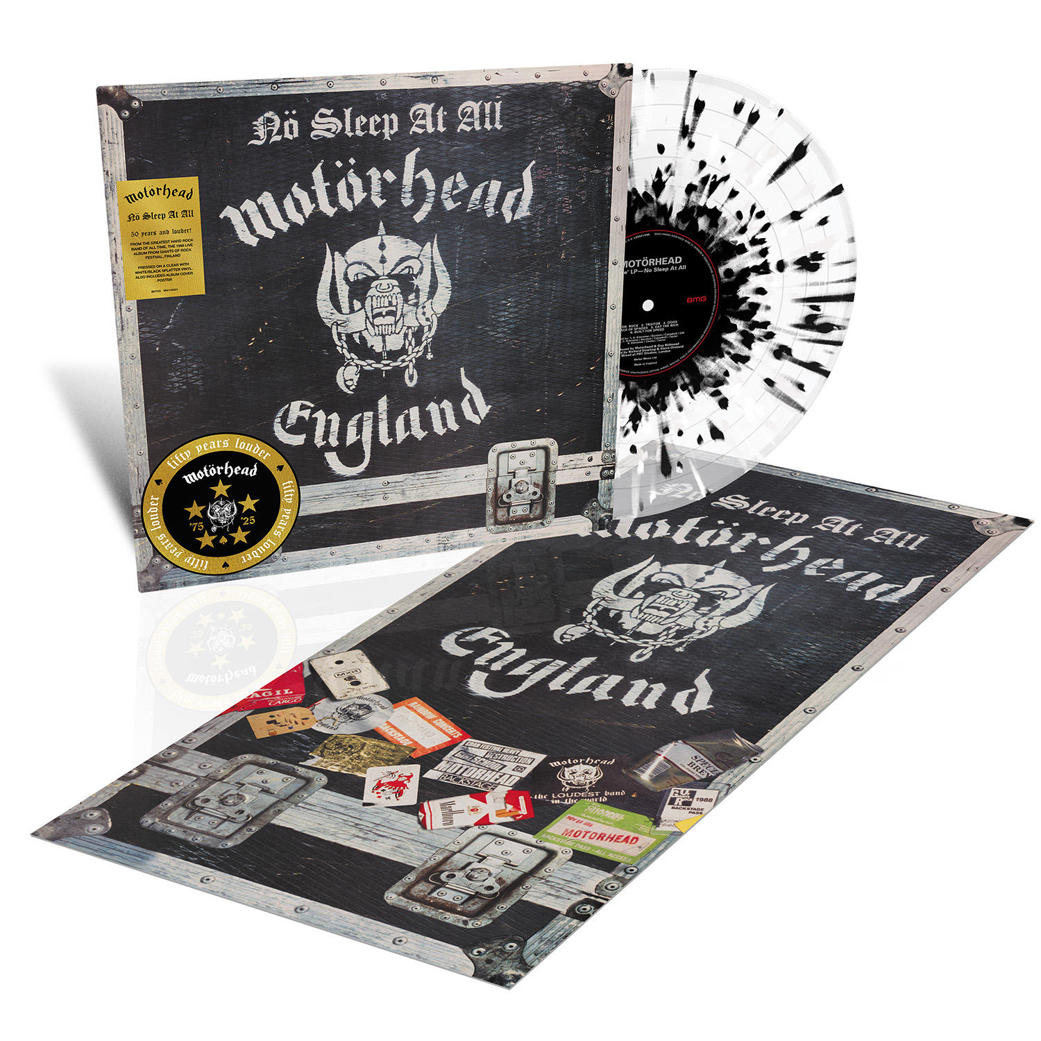 Motorhead-Album 'No Sleep At All'. Vinylplatte mit schwarz-weißem Spritzdesign. Albumcover mit Bandlogo und Artwork.