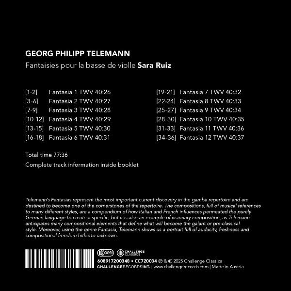 Albumcover mit Text: Georg Philipp Telemann, Fantaisies. Titelliste und Copyright-Informationen auf schwarzem Hintergrund.