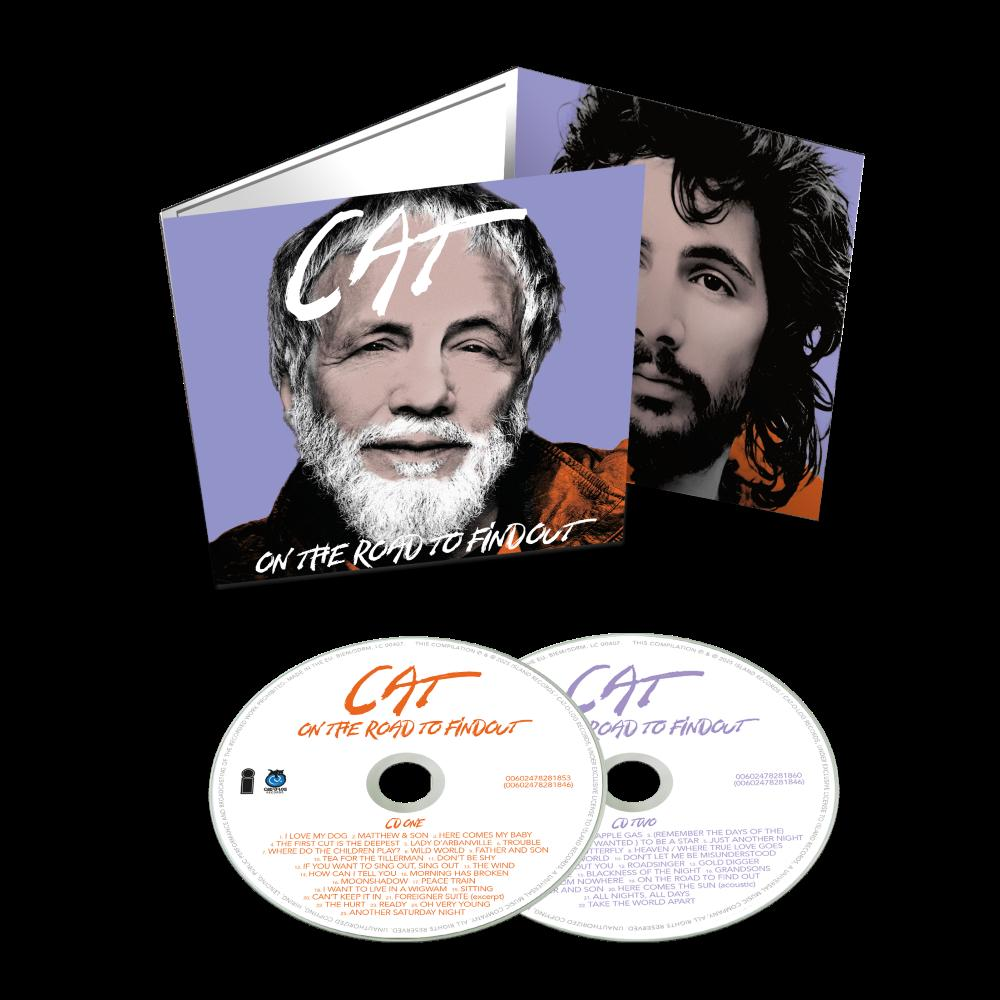 Albumcover mit Cat Stevens. Unten zwei CDs. Auf dem Cover steht 'On The Road To Find Out'.