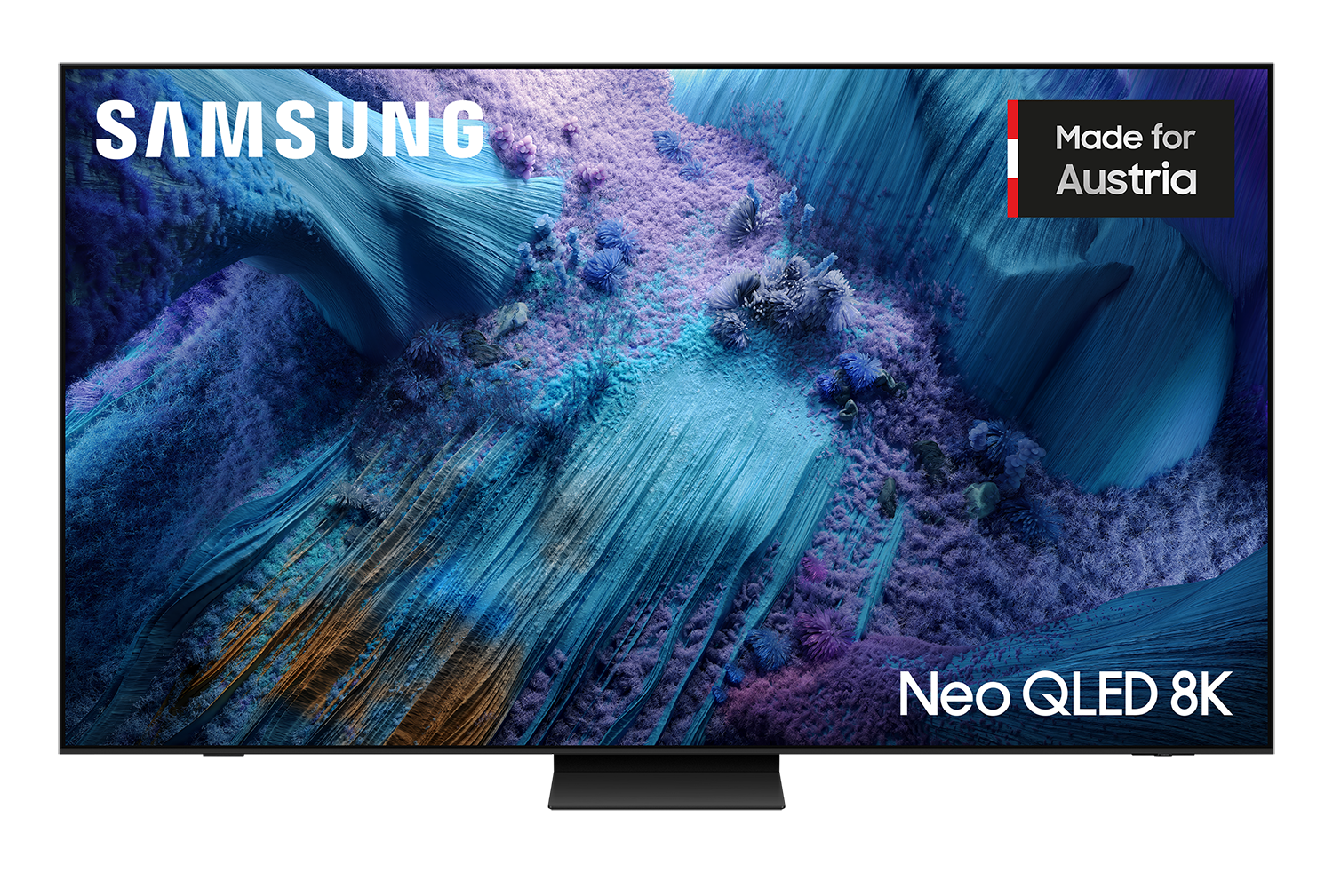 Samsung Neo QLED 8K Fernseher. Zeigt ein blaues und violettes abstraktes Design. Text enthält 'Made for Austria' und 'Neo QLED 8K'.