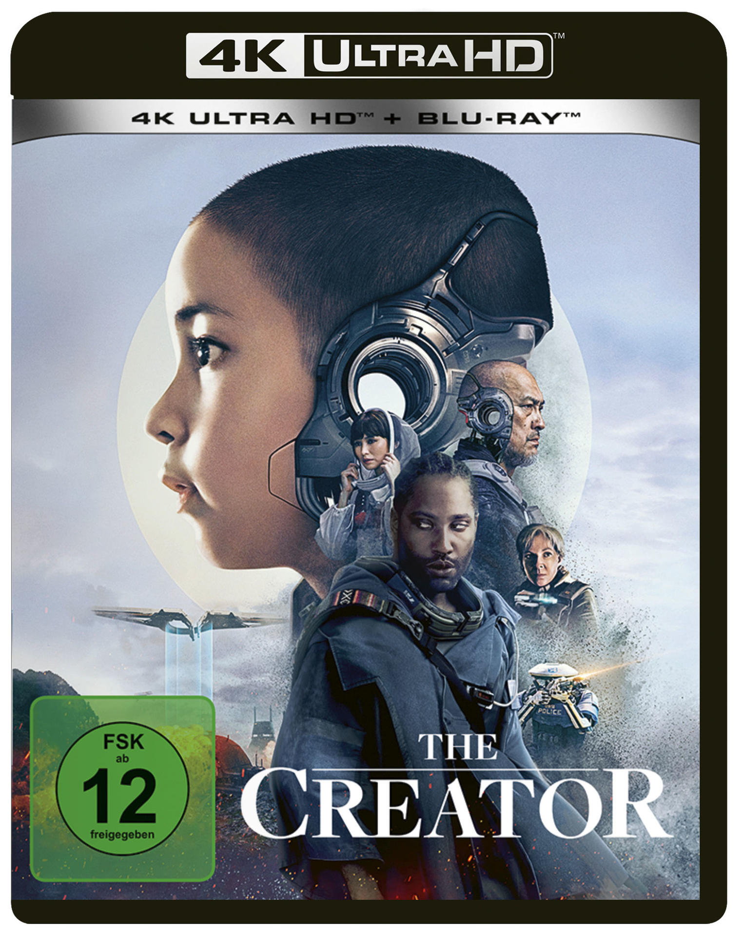 Filmcover: Kindergesicht, futuristischer Helm. Weitere Charaktere, Titel 'The Creator', FSK 12-Rating und 4K Ultra HD Logo.